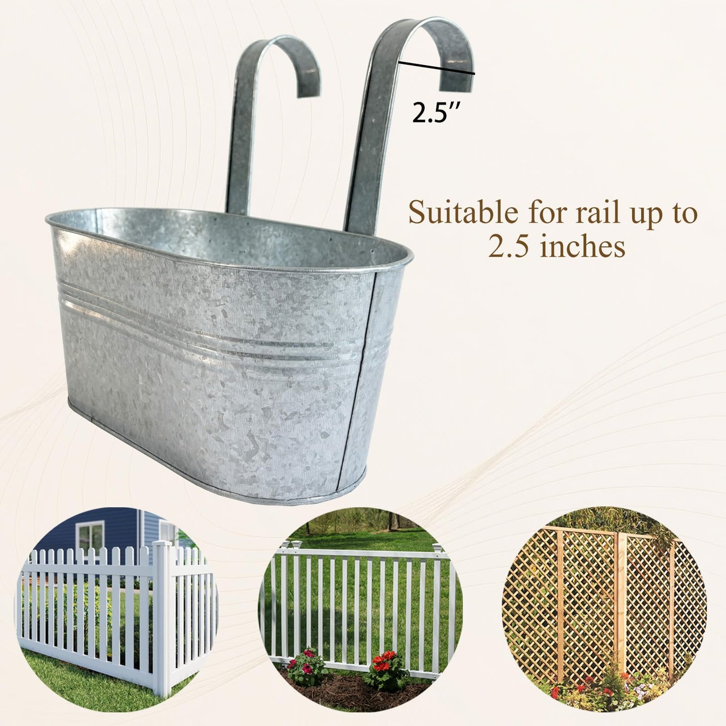 Joyfernal Balcony Galvanized Hanging Planters Railing Flower Pots, Outdoor Metal Fence Planter Pot with Detachable Hooks Drain Hole for Garden Patio Yard Decor (12 Inch, 2Pcs)