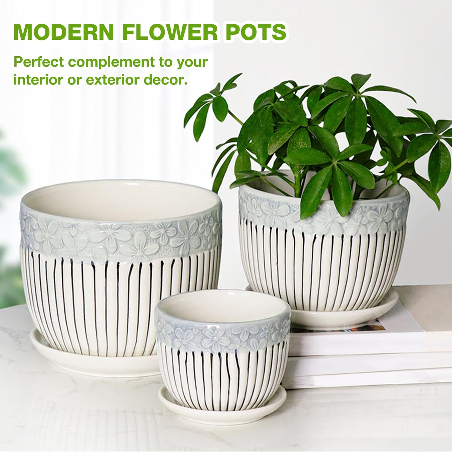 Hlukana Ceramic Plant Pots Set of 3, 6.75/5.6/4.2 inch Planters with Drainage Holes and Saucer, Flower Pot Outdoor Indoor, Modern Decorative Planters for House Plants Garden Planters Succulent Pots