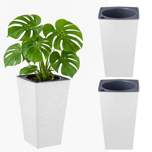 Self Watering Pots for Indoor Plants, 2 Pack Flower Pots Self Watering Planter 10.7" x 6.9" Plastic Pots African Violet Wick and Grow Pots Tall Orchid pots Square Large Plant Pots, White