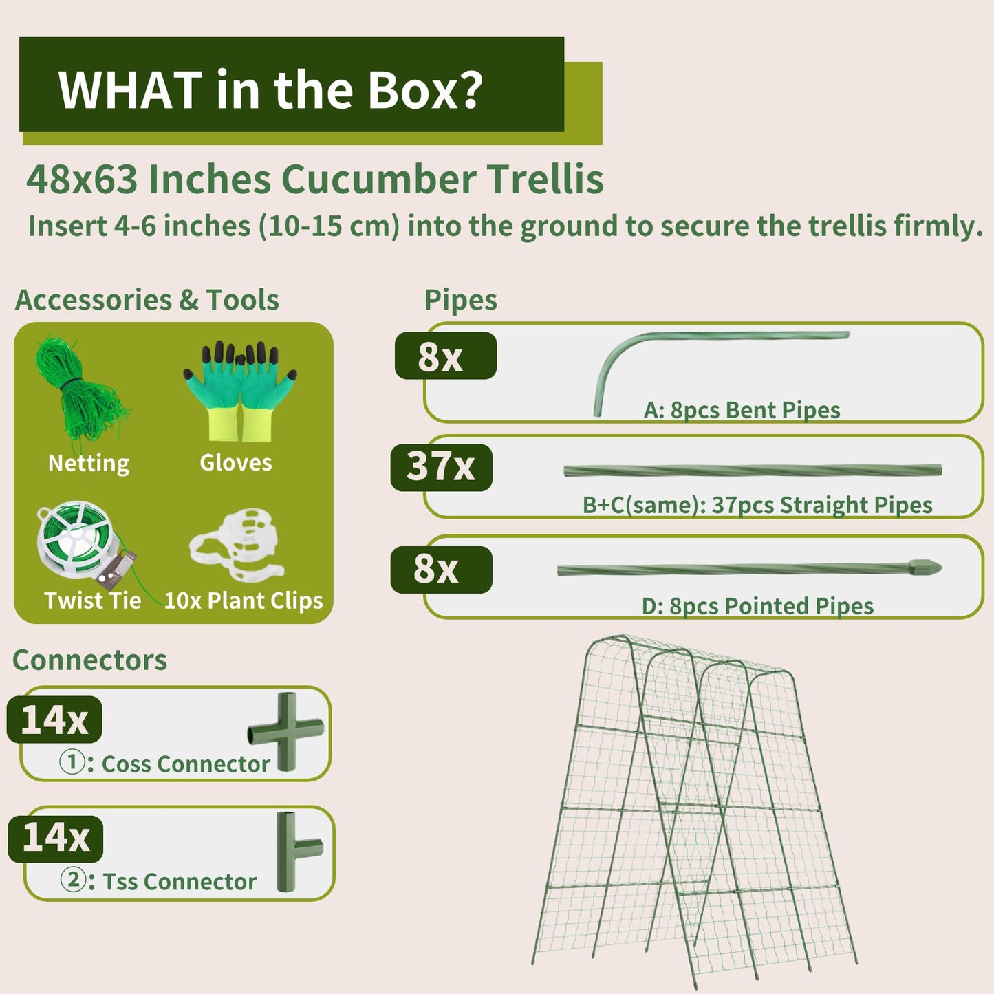 Miory Cucumber Trellis, 63" Tall U Shape Trellis for Raised Bed, Garden Arch Trellis for Climbing Plants Outdoor, Plant Support for Vegetables Vines, Steel with PE Coated (48“Lx32”Wx63“H)