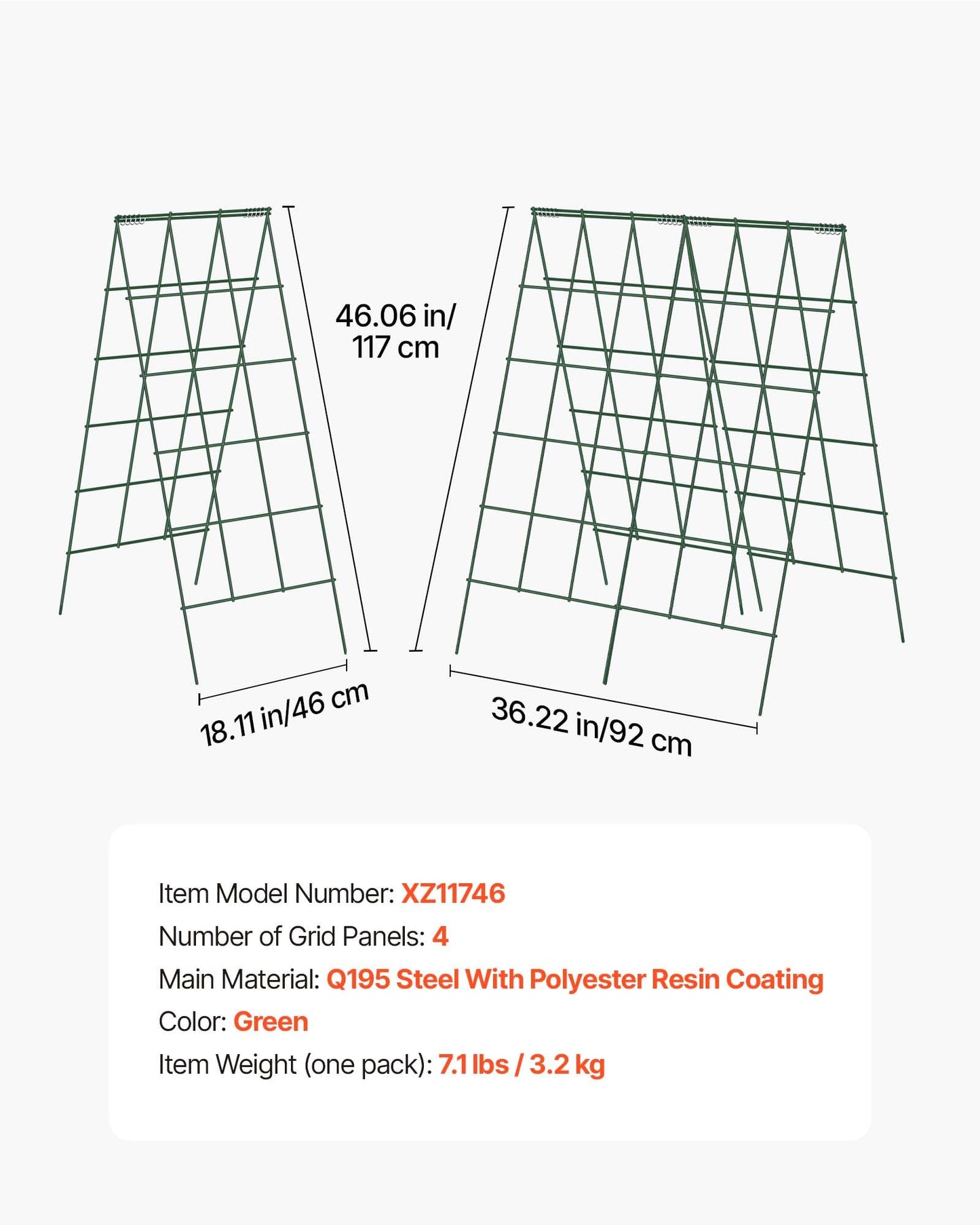 VEVOR Cucumber Trellis, 46" High Foldable A-Frame Garden Trellises for Raised Bed, 4 Panels, Metal Rustproof Outdoor Climbing Plant Support with 2 Plant Bags for Vine, Peas, Beans, Tomato, Flowers