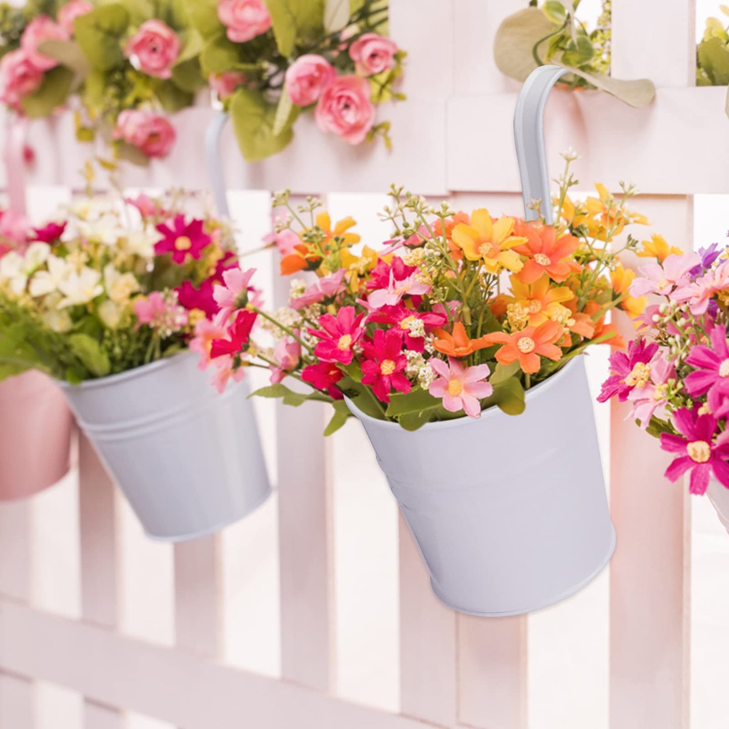 KINGLAKE Flower Pots,10 Pcs Metal Iron Hanging Flower Plant Pots Balcony Garden Plant Planter Baskets Fence Bucket Pot 4'' Flower Holders with Detachable Hook White