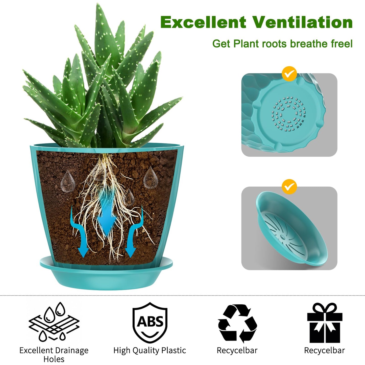 GDJUQZ 6 Pack 7 Inch Indoor Plant Pots with Drainage Holes, Outdoor Plastic Decorative Flower Pots, Garden Planters with Tray Saucers for Orchids, Violets, Succulents, Herbs, and Other Plants