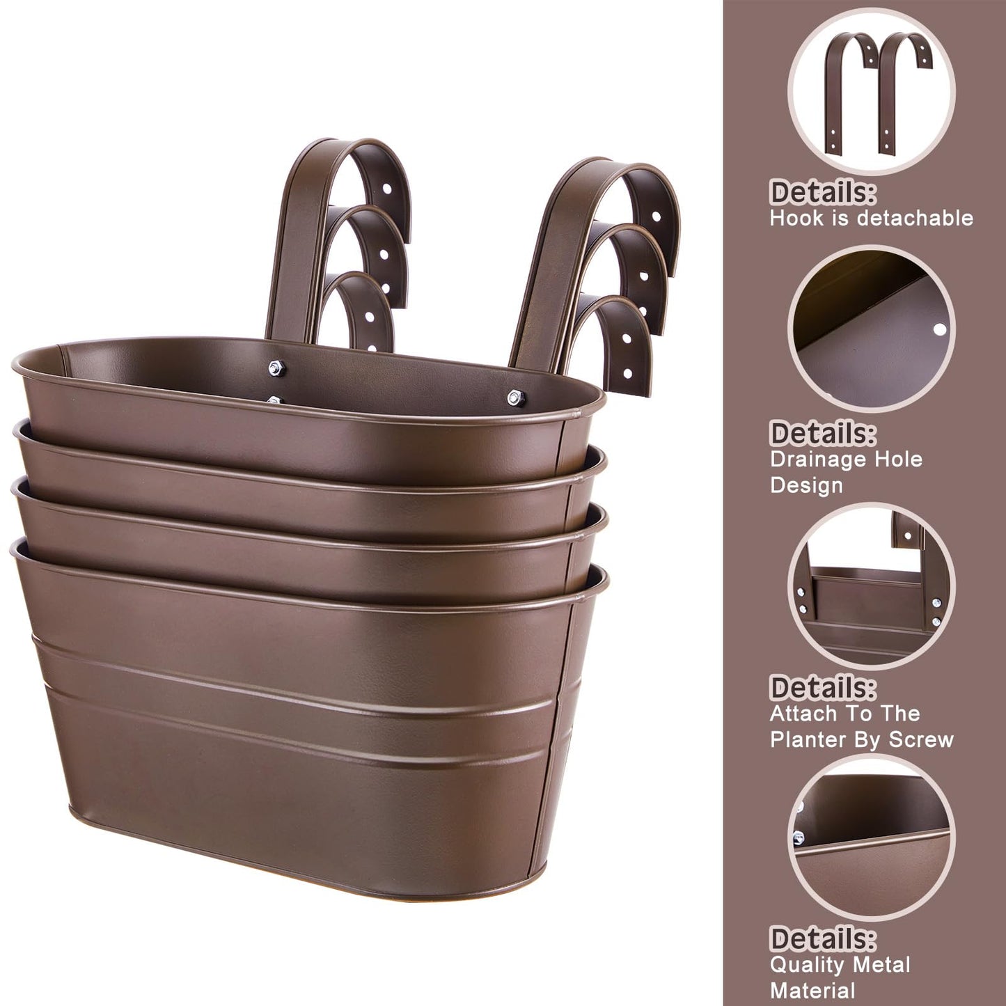 Hicarer 4 Pcs Metal Hanging Flower Pots for Railing Fence, 10.6 Inch Hanging Rail Planters for Outdoor Window Balcony Plants Holder with Hooks for Garden Yard Home Decor (Chocolate)