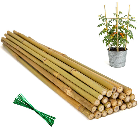 Plant Stakes Natural Bamboo Sticks - 25 Pcs Bamboo Garden Stakes for Plants 18 Inches Plant Support Sticks with Twist Ties for Tomatoes Beans Orchid Flowers Indoor Outdoor Potted Climbing Plants