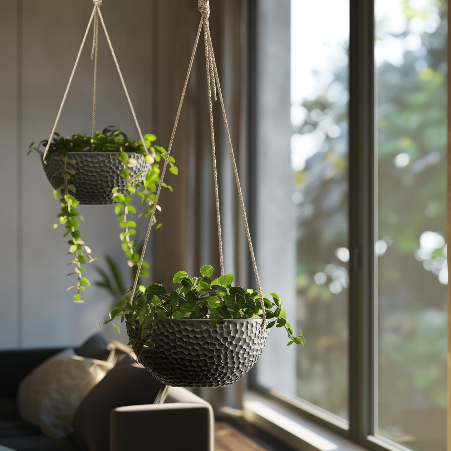 LA JOLIE MUSE Hanging Planters for Indoor Plants, Medium Hanging Planters with Drain Holes, Outdoor Hanging Flower Pots, Matte Black, Honeycomb (10 Inch, Set of 2)