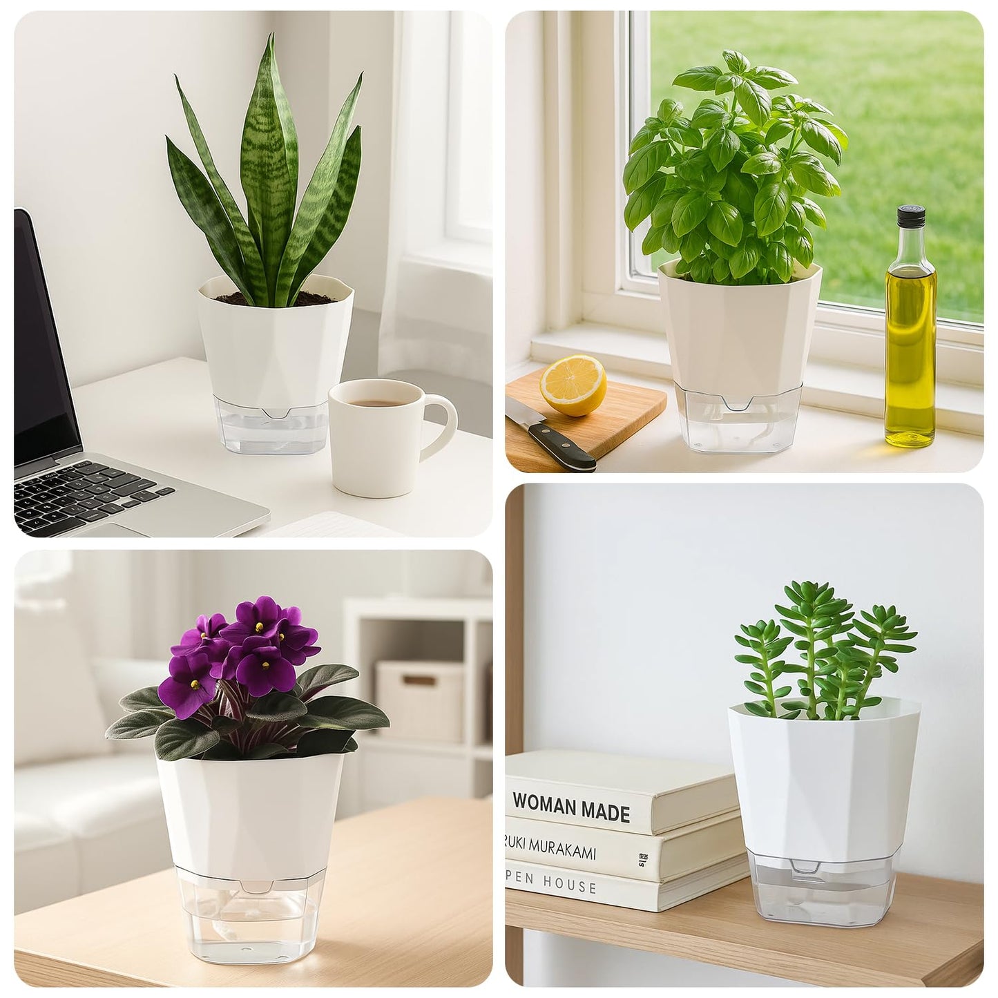 5 Pack Self Watering Pots for Indoor Plants, 5/6.7/8.4 Inches Self Watering Planters African Violet Self Watering Clear Pots for Plants Herb Orchid Flower Houseplant Pots, White