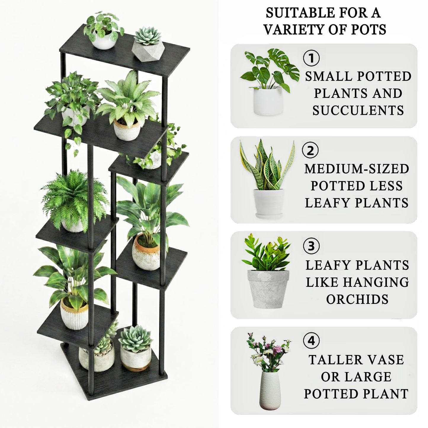JEPRECO Tall Plant Stand Indoor 7-Tier Metal Wood Plant Shelf for Multiple Flower Pots Corner Flower Holders for Living Room Balcony Bedroom, Black