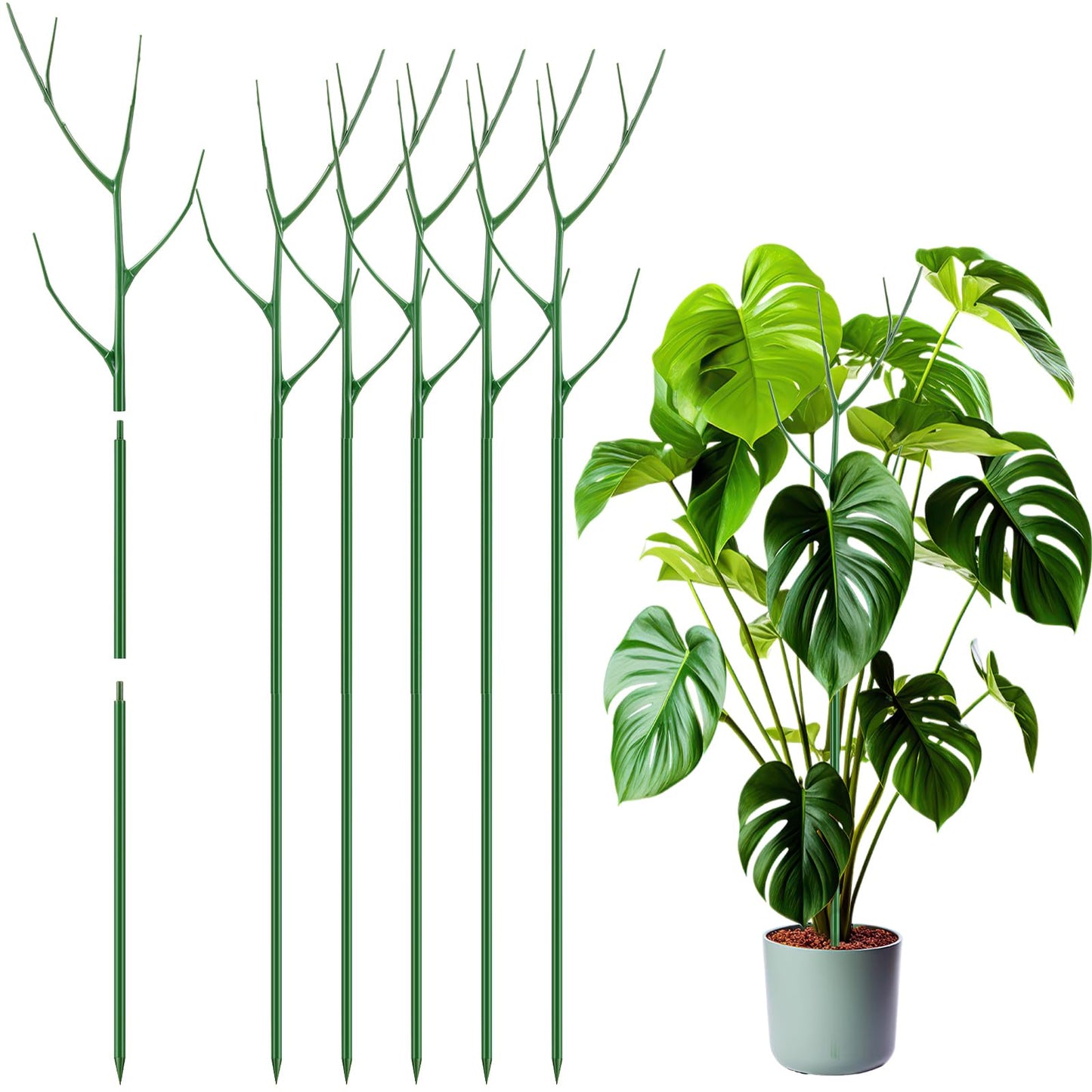 Cinnvoice 6 Pack 39.37" Stackable Plant Support Stakes Plant Support for Indoor Outdoor Green Twig Plant Sticks with Extension Poles Plastic Branch Trellis for Climbing Potted Flower Monstera