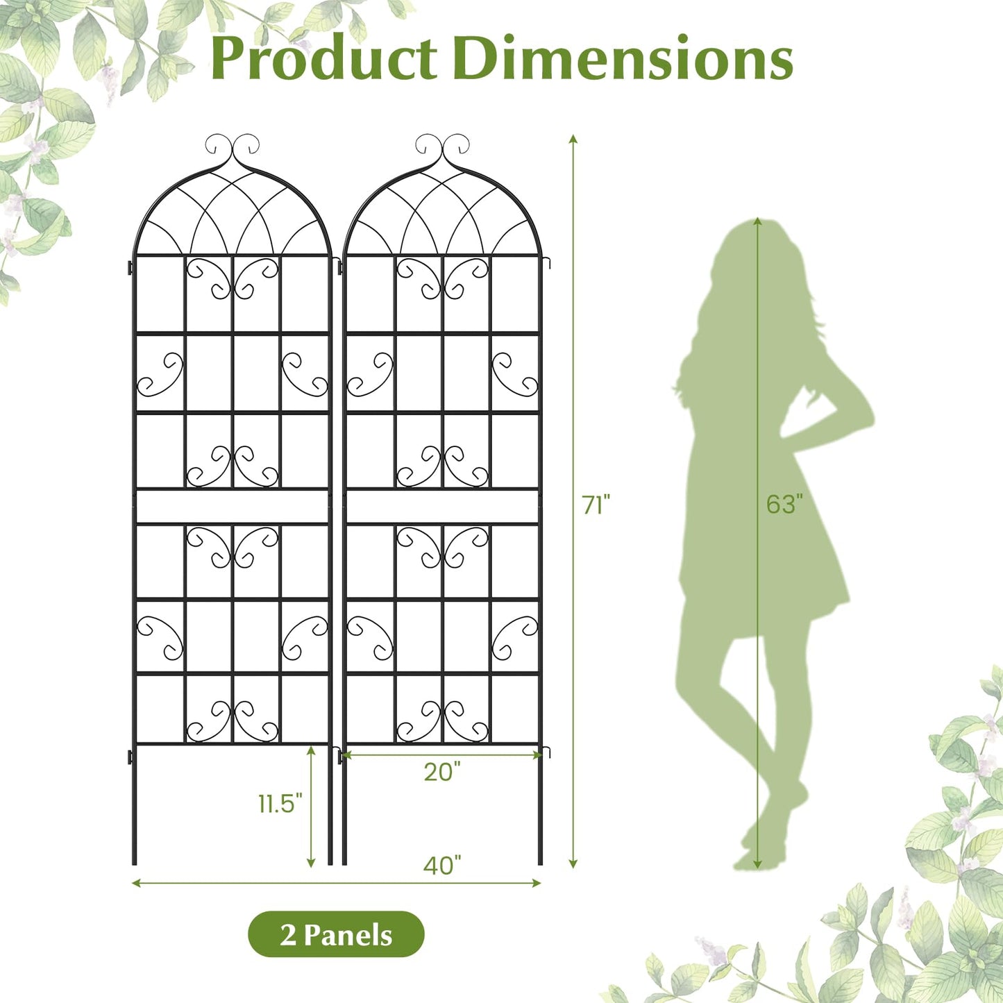 Giantex 2 Packs 71"x20" Metal Garden Trellis for Outdoor Climbing Plants, Heavy-Duty Plant Support for Vine Rose Vegetable Flower, Rustproof Black Metal Coating Patio Trellis Arch Decorative Fence
