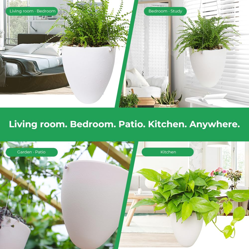 Self-Watering Hanging Planter: 6 Inch Inner Diameter, Indoor Outdoor, Stainless Steel Wire Hanger & Drip Tray, Pothos Philodendron Fern Herbs Scindapsus, Modern Minimalist Design (3 Pack, White)