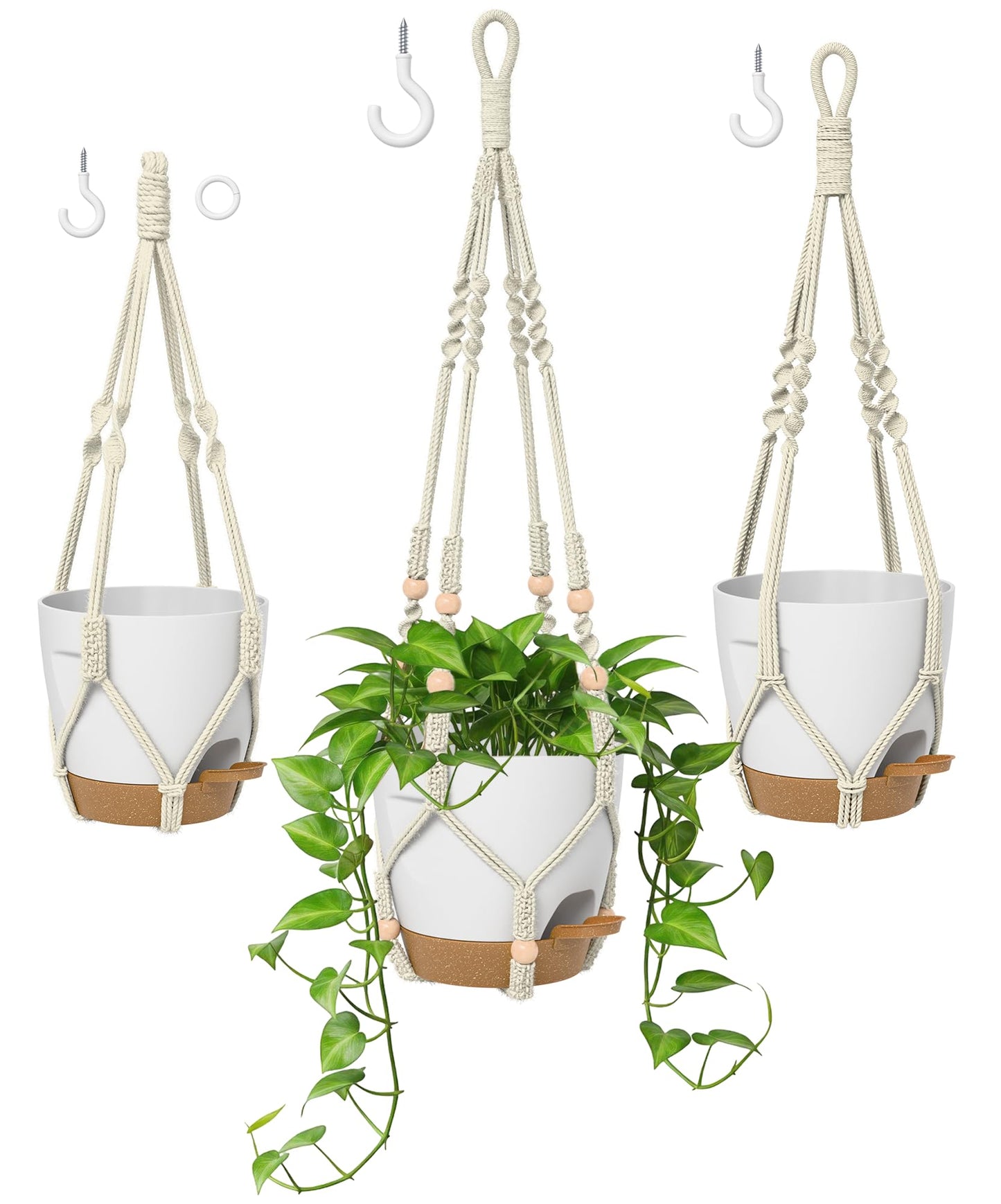 Macrame Plant Hangers for Indoor and Outdoor Use, Set of 3 Hanging Plant Pots Holders with Hooks, Ivory Cotton Rope, Tassel-Free, Fits 6" to 10" Pots, Rope Lengths 35", 26", 20", (No Pots Included)