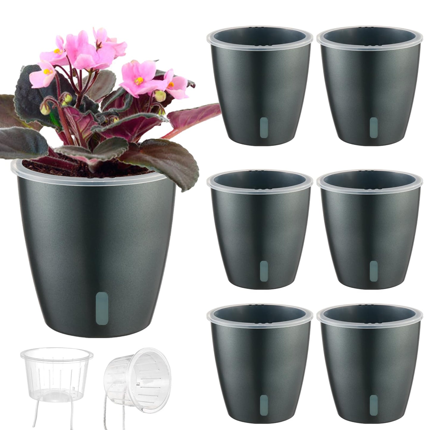 KvyusFlourish Self Watering Pots for Indoor Plants, 6-Pack 5'' Self Watering Planter with Drainage Holes, Small African Violet Pots with Water Indicator, Clear Wick Orchid Pot, Grey