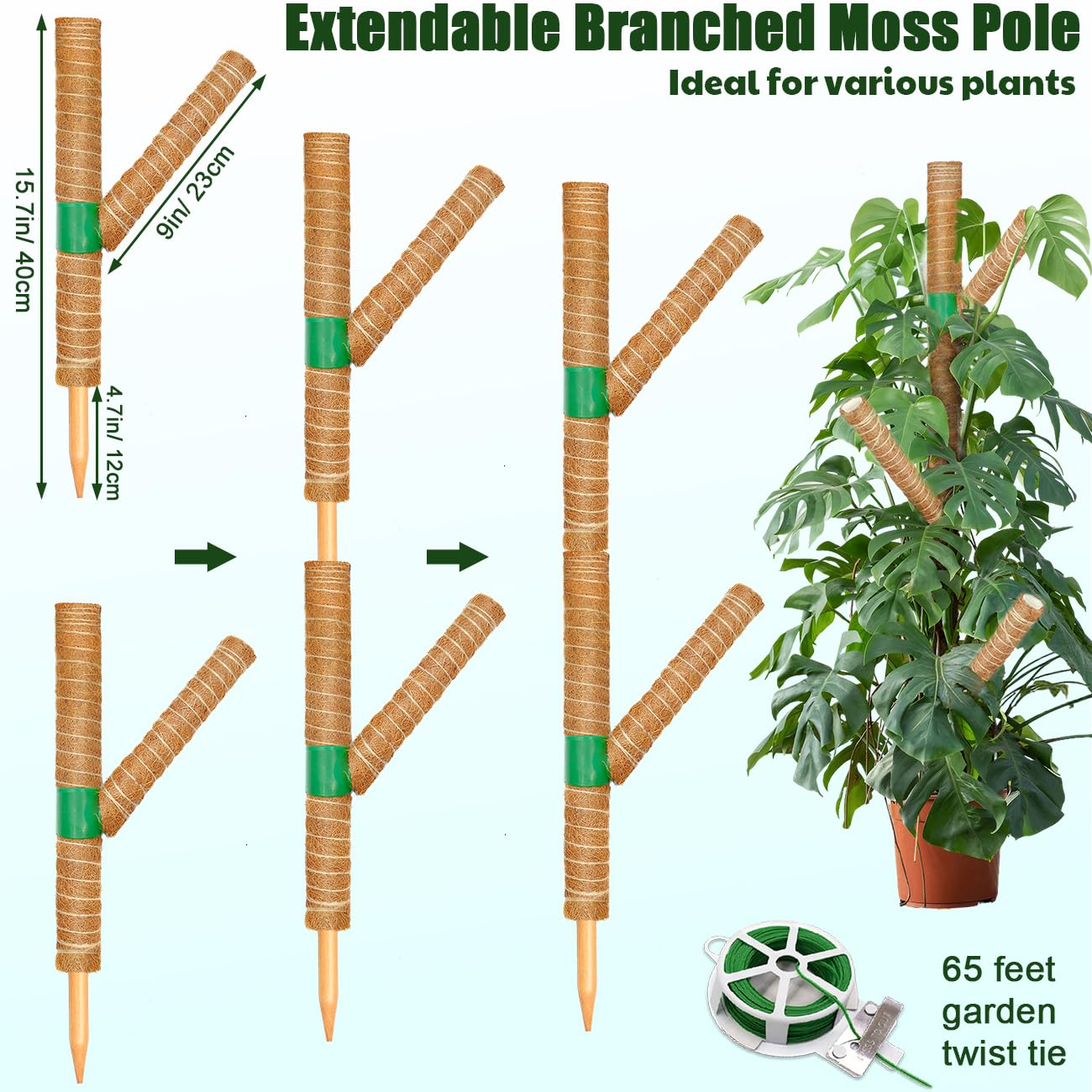 Moss Pole for Monstera Plant Support, 3 Pack 15.7'' Stackable Moss Poles for Climbing Plants, Indoor Garden Coco Coir Poles for Monstera Deliciosa, Pothos, Philodendron (15.7In x 3Pack)