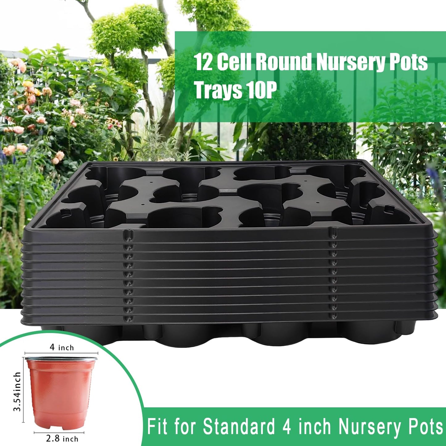 RooTrimmer 12 Cell Round Nursery Pots Trays Thickened Durable Seedling Pots Shuttle Carrying Trays for Holding 4 inch Nursery Pots (16.85" × 12.6", 10-Pack)