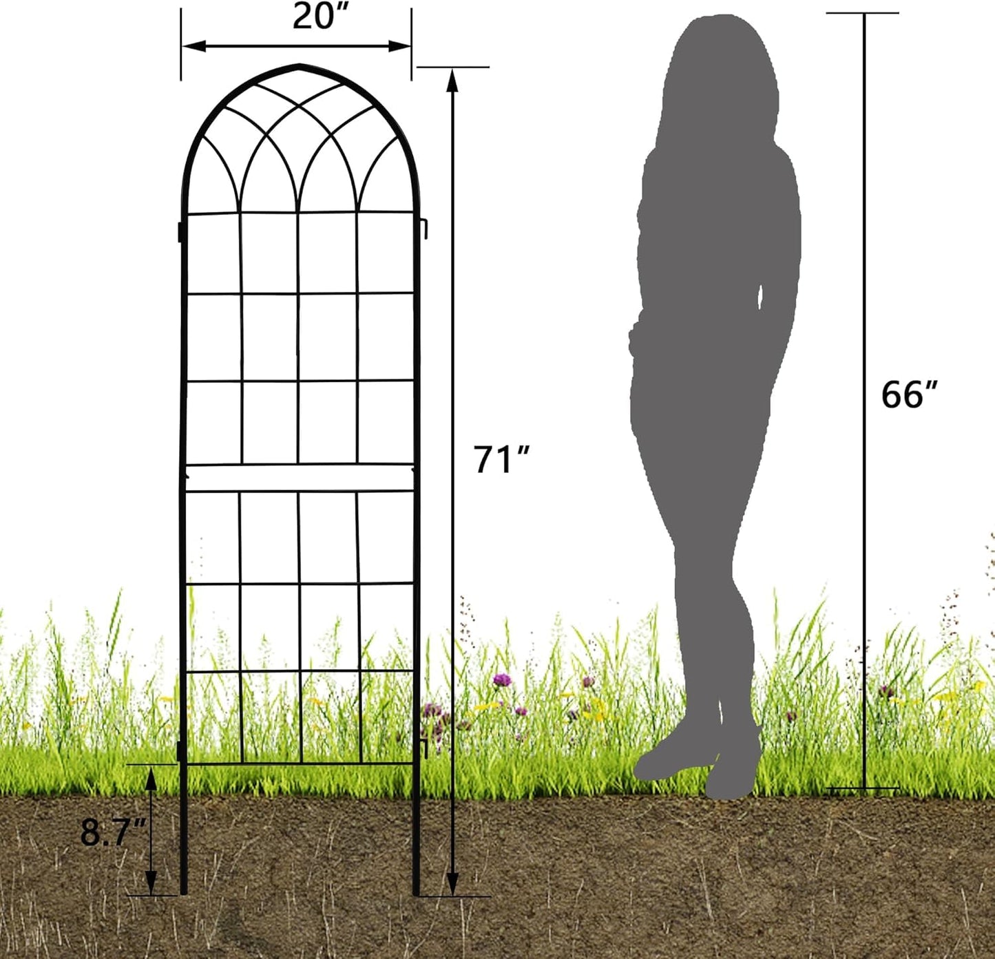 LZRS 4 Pack 71x20in Rustic Iron Arch Decoration Garden Trellis with Black Metal Coating – Perfect for Supporting Climbing Plants Outdoor, Roses, Vines, Flowers, and Vegetables.