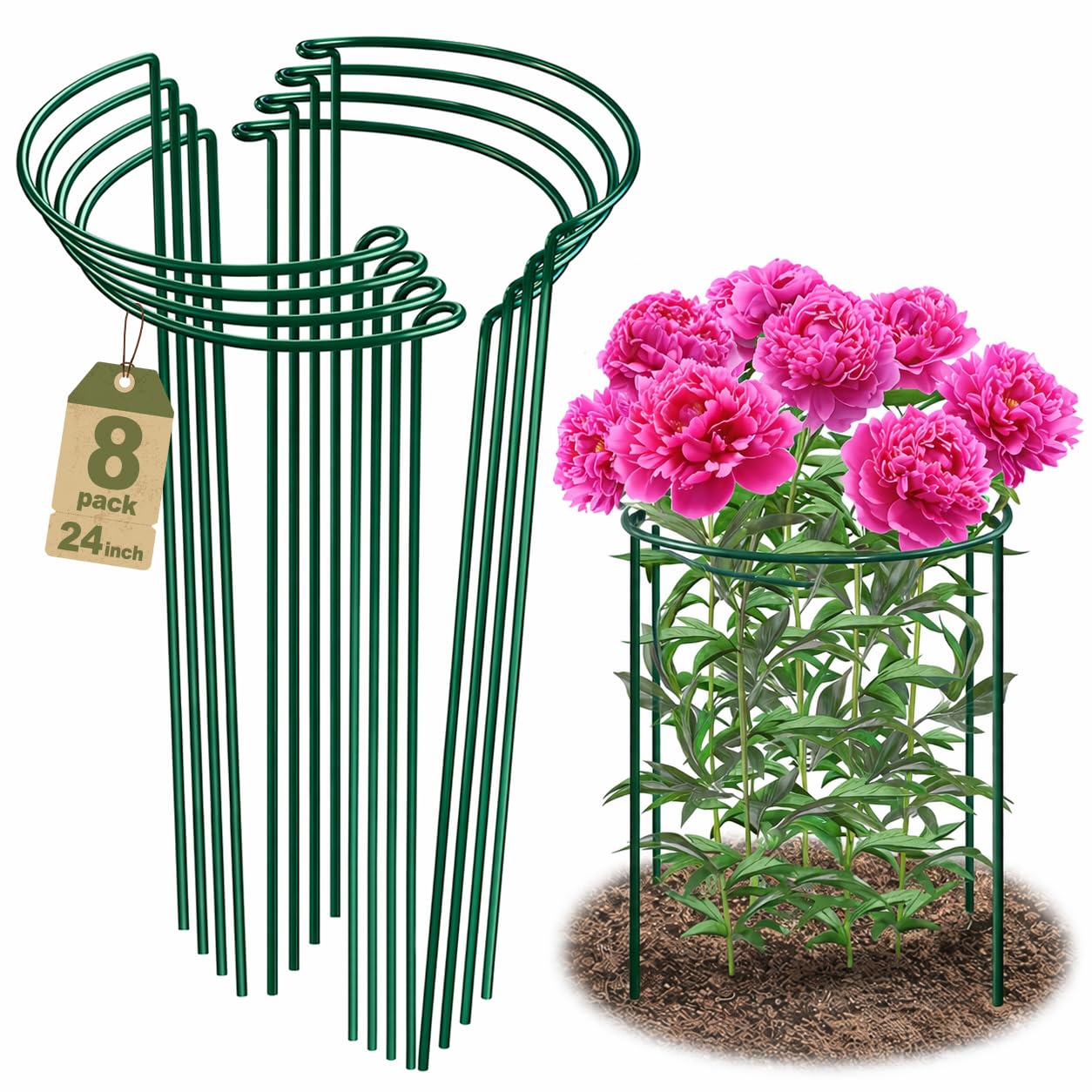 Peony Cages and Supports, 8 Pack Large Half Round Plant Support Cage 10" x 24", Heavy Duty Garden Plant Stakes for Indoor & Outdoor Plants, Peonies, Hydrangeas, Tomatoes & Flowers