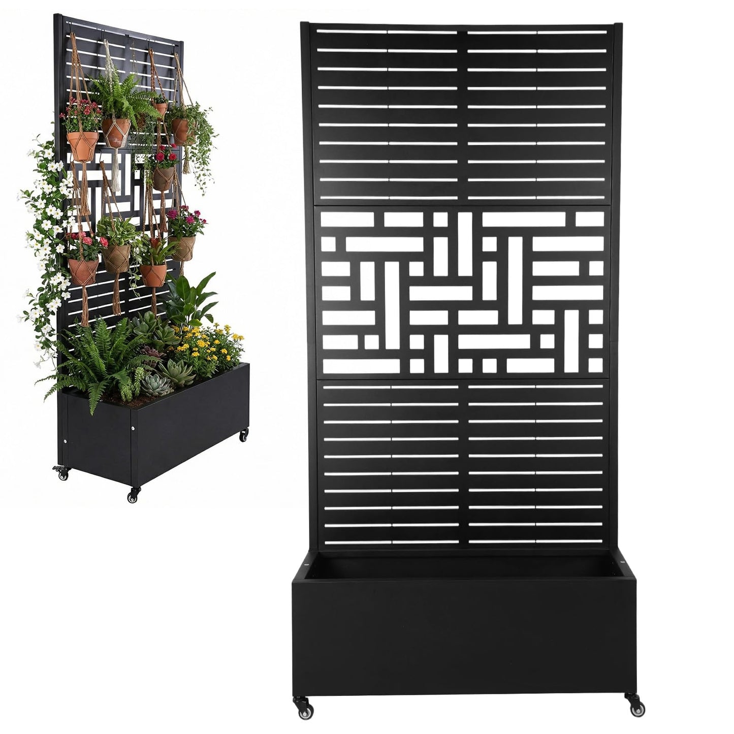 70.87x35.43x15.75 Inch Metal Planter Box with Trellis and Wheels Raised Garden Bed with Drainage Holes Privacy Planters Suitable for Climbing Plants and Vegetables (01)