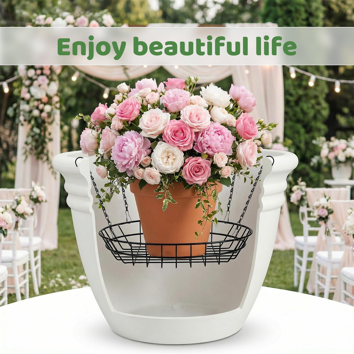 REDPOPO 2 Pack Adjustable Planter Insert for Large Pots 12-18 Inch, Stainless Steel Plant Riser with 4 S Hooks & Chains, Pot Filler for Tall Planters to Reduce Soil, Indoor Outdoor Rust Proof Plant Pot Riser for Round Square Planters