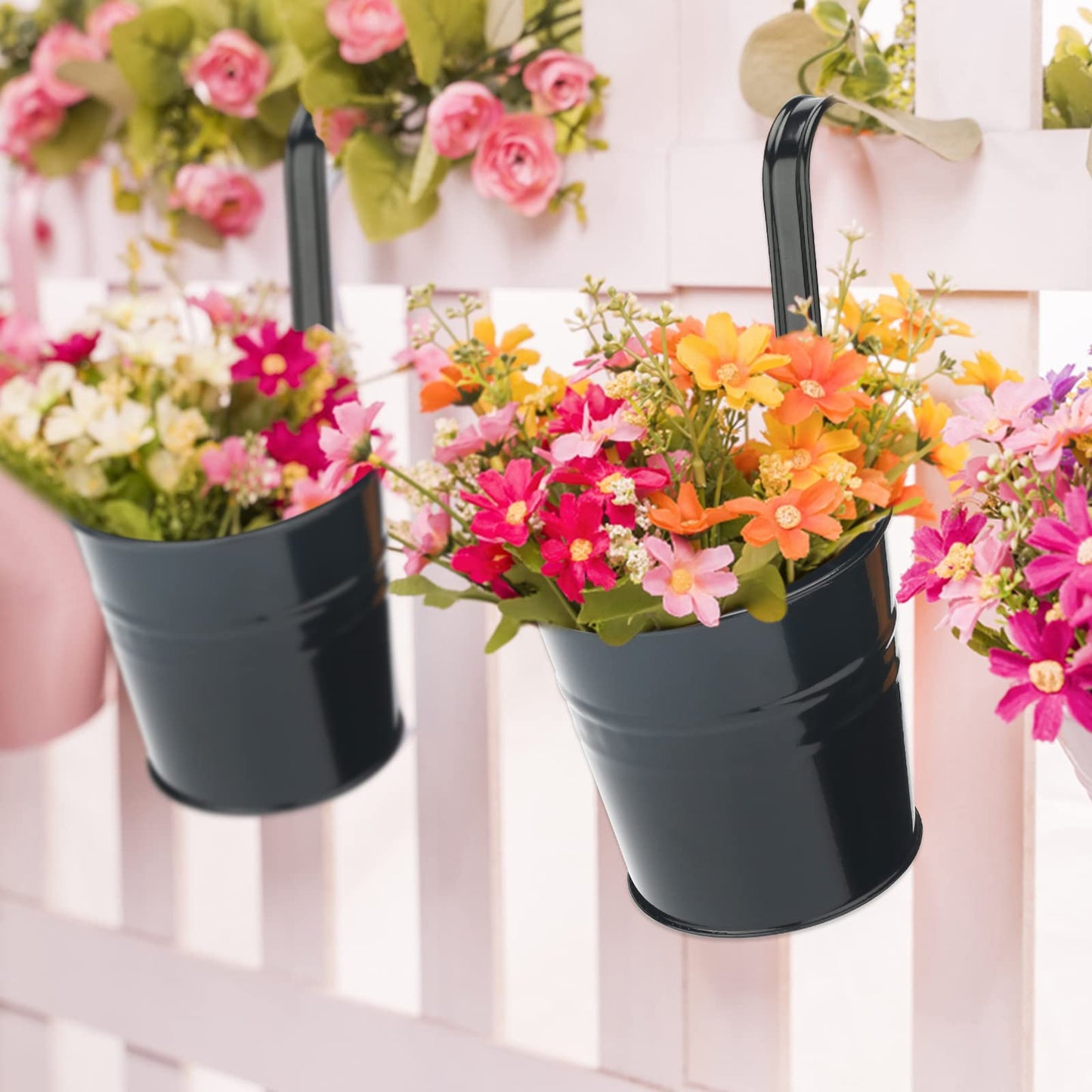 KINGLAKE Flower Pots,10 Pcs Metal Iron Hanging Flower Plant Pots Balcony Garden Plant Planter Baskets Fence Bucket Pot 4'' Flower Holders with Detachable Hook Black