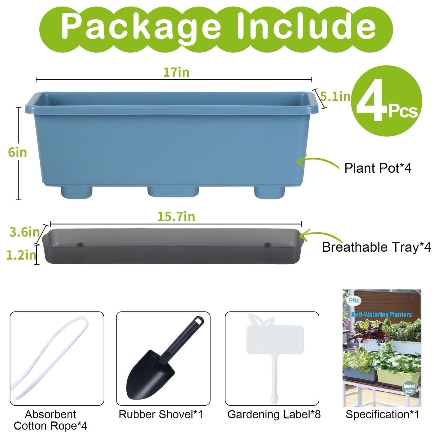 Window Box Planter 4 Packs, 17 Inches Rectangle Flower Pots with Drainage Holes & Trays, Pots for Vegetables, Herbs, Flowers, Garden Windowsill Balcony (Blue, 17 * 5.1 * 6 inch)