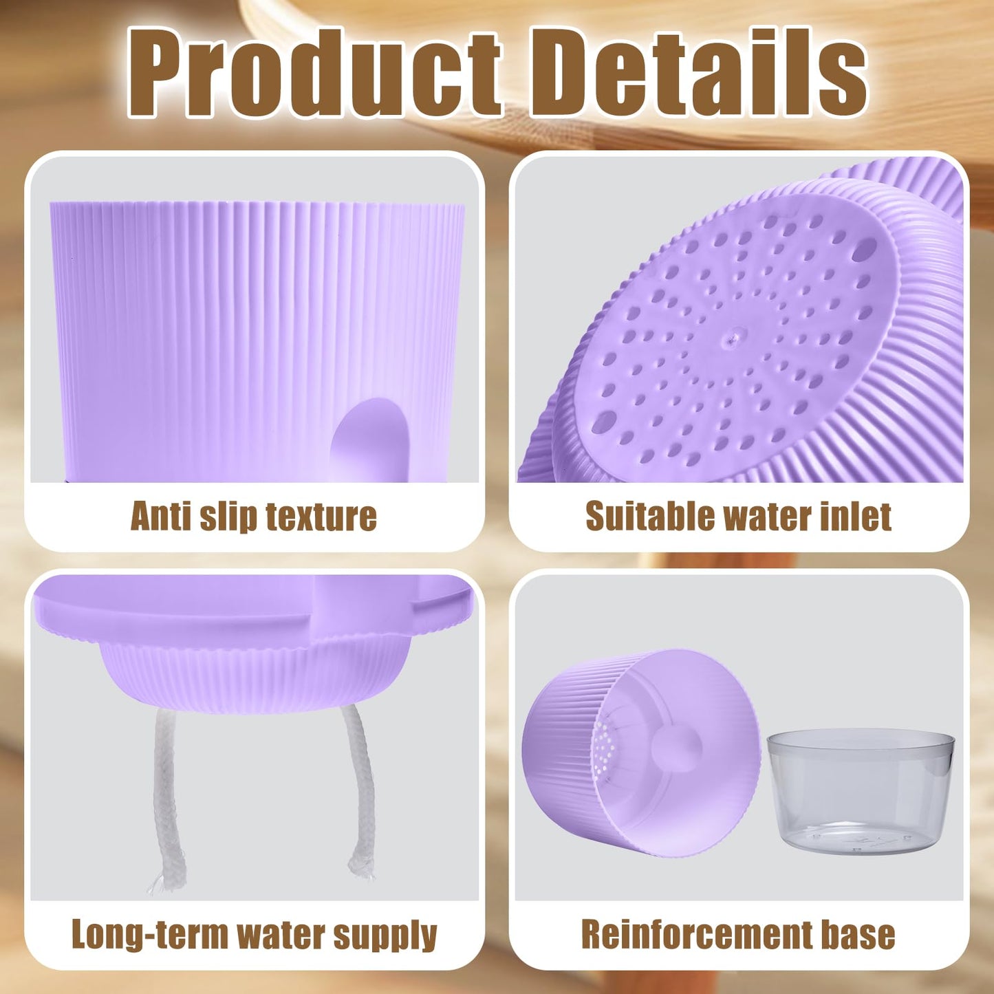 Eurysman 3 Pack - 5.5 Inch Self Watering Planter Pots for Indoor Plants - African Violet Pots with Wick Rope - Purple