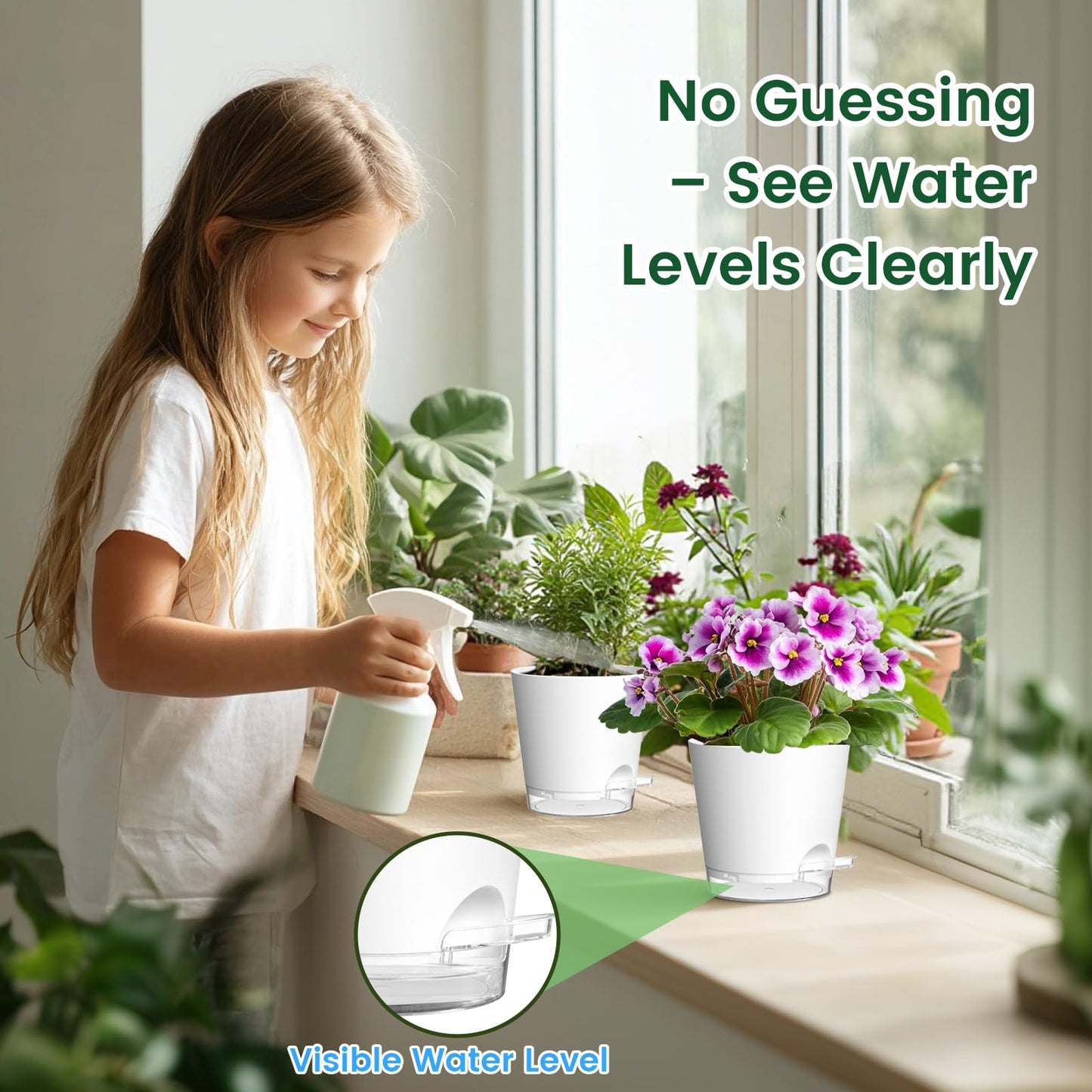 Meowell 5 inch Self Watering Flower Pots for Indoor Plants, 5 Pack Small Plant Pots with Drainage Holes & Clear Reservoir for Visible Water Level, Plastic Wicking Planter Pots for House Plants, White