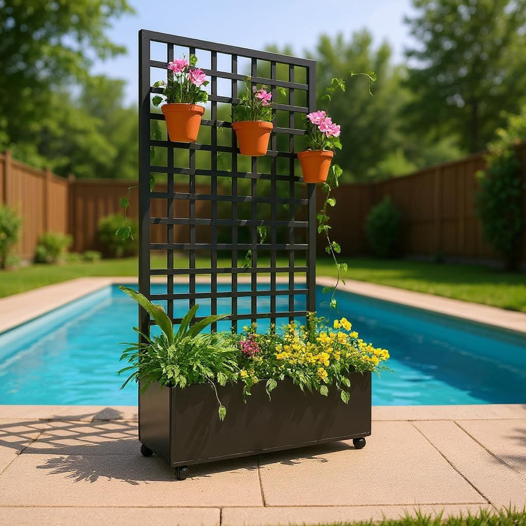 IDEALHOUSE 72"X47" Galvanized Raised Garden Bed with Square Trellis, 12" Deep Planter Box on Locking Wheels, Drainage Holes for Climbing Plants, Flowers, Patio, Balcony & Small Spaces, Black