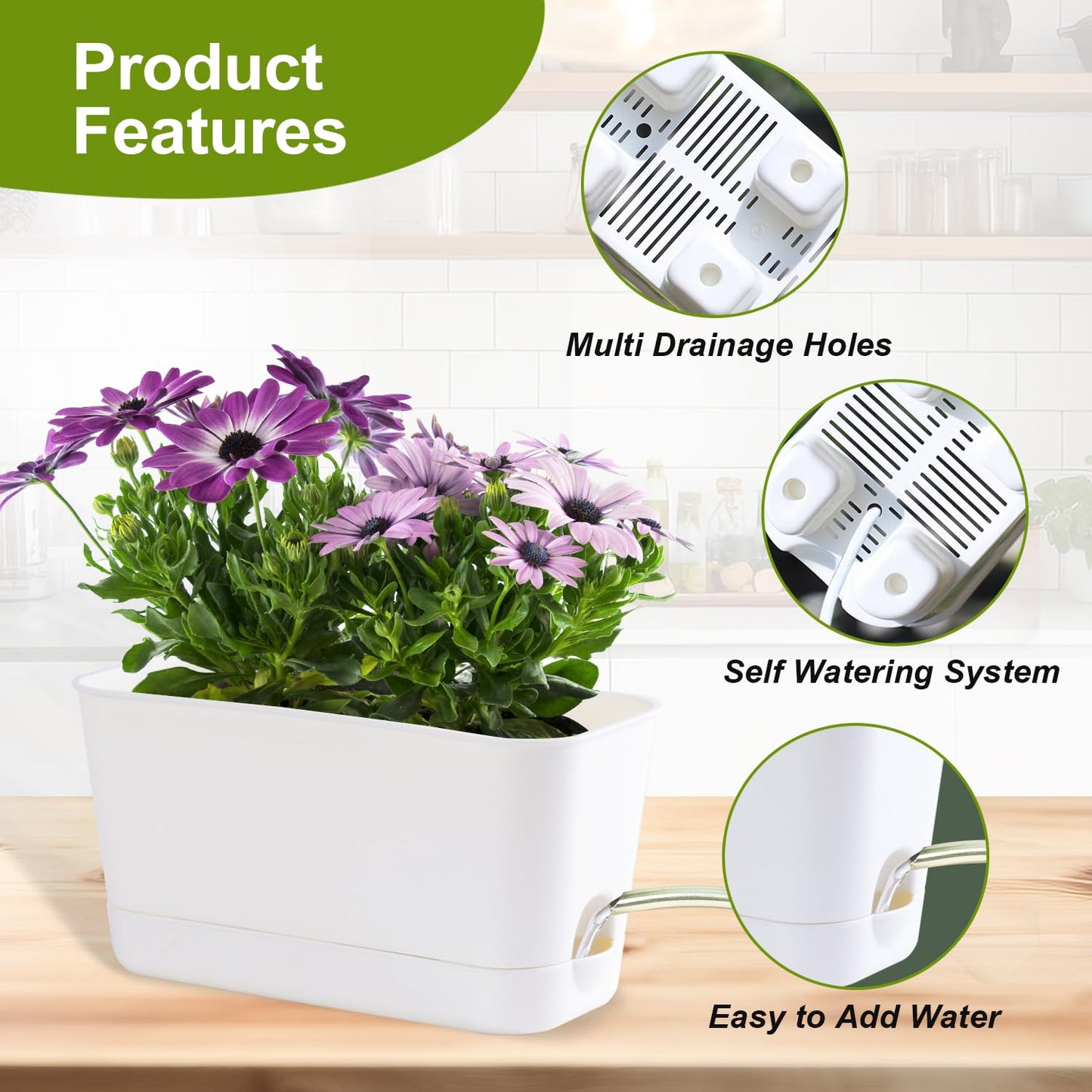 Oliz Self Watering Planters: 4 Packs Rectangular Plant Pots with with Drainage and Tray, 10 Inch Window Pot Self Watering Planter for Herb, Houseplants