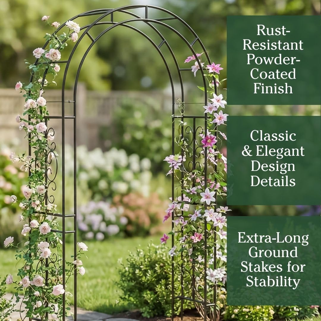 Plow & Hearth Arch Metal Outdoor Garden Arbor 7 Feet Tall Black Iron Trellis for Climbing Plants Outdoor, Wedding Party Arch, Outdoor Patio Decor
