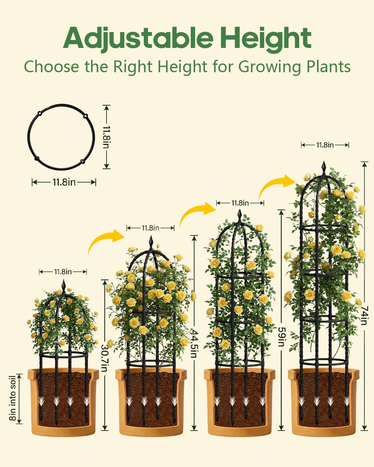 Joyhalo 2 Pack Trellis for Climbing Plants Outdoor, 6.2ft High Adjustable Garden Trellis for Flowers, Black Plastic Coated Steel Plant Stakes Use As Tomato Cage