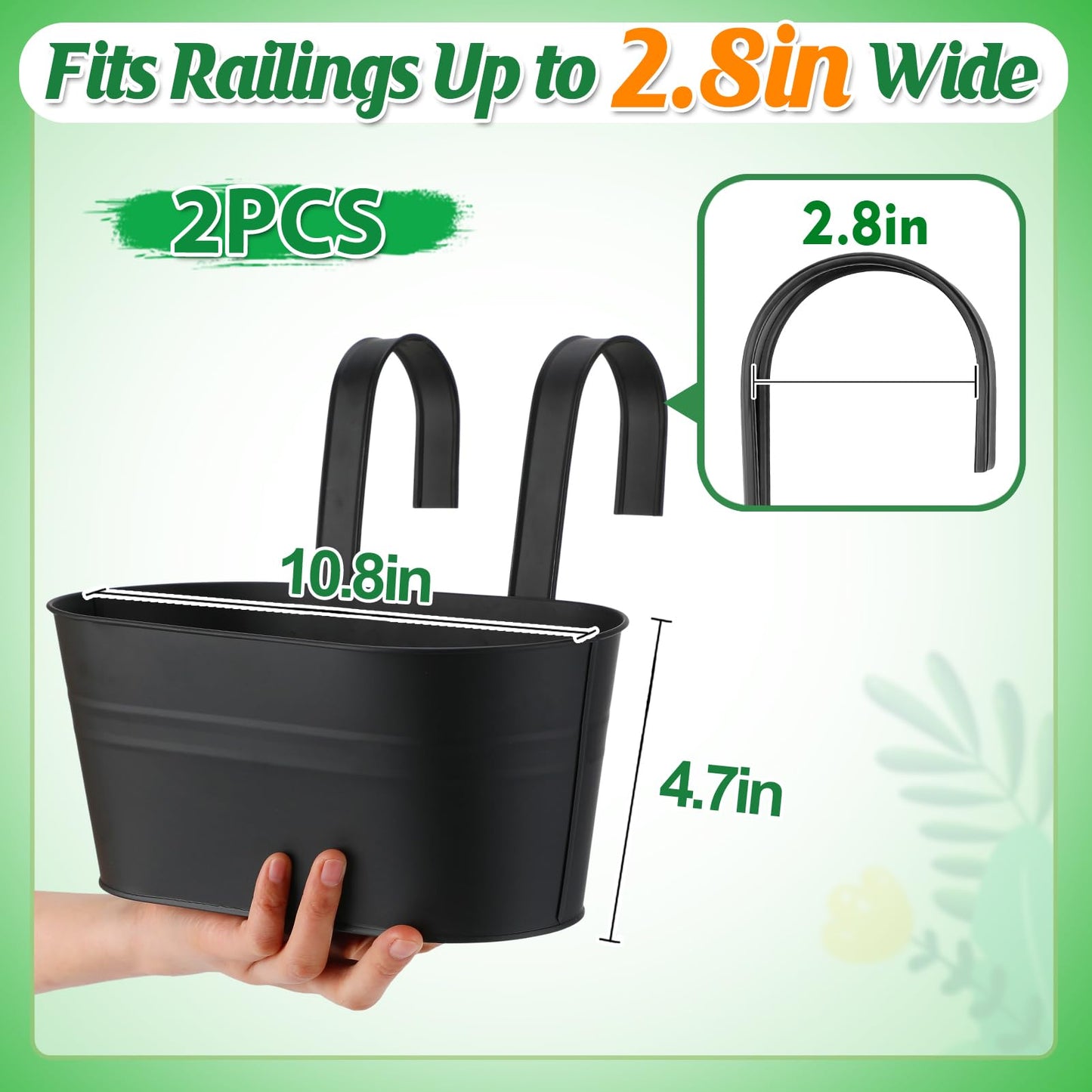 MADHOLLY Railing Planter with Drainage Holes - Sturdy Bucket Pots for Railing Fence, Countryside Style Metal Flower Pots for Herbs Balcony Garden Yard Decor, 2Pcs, Black