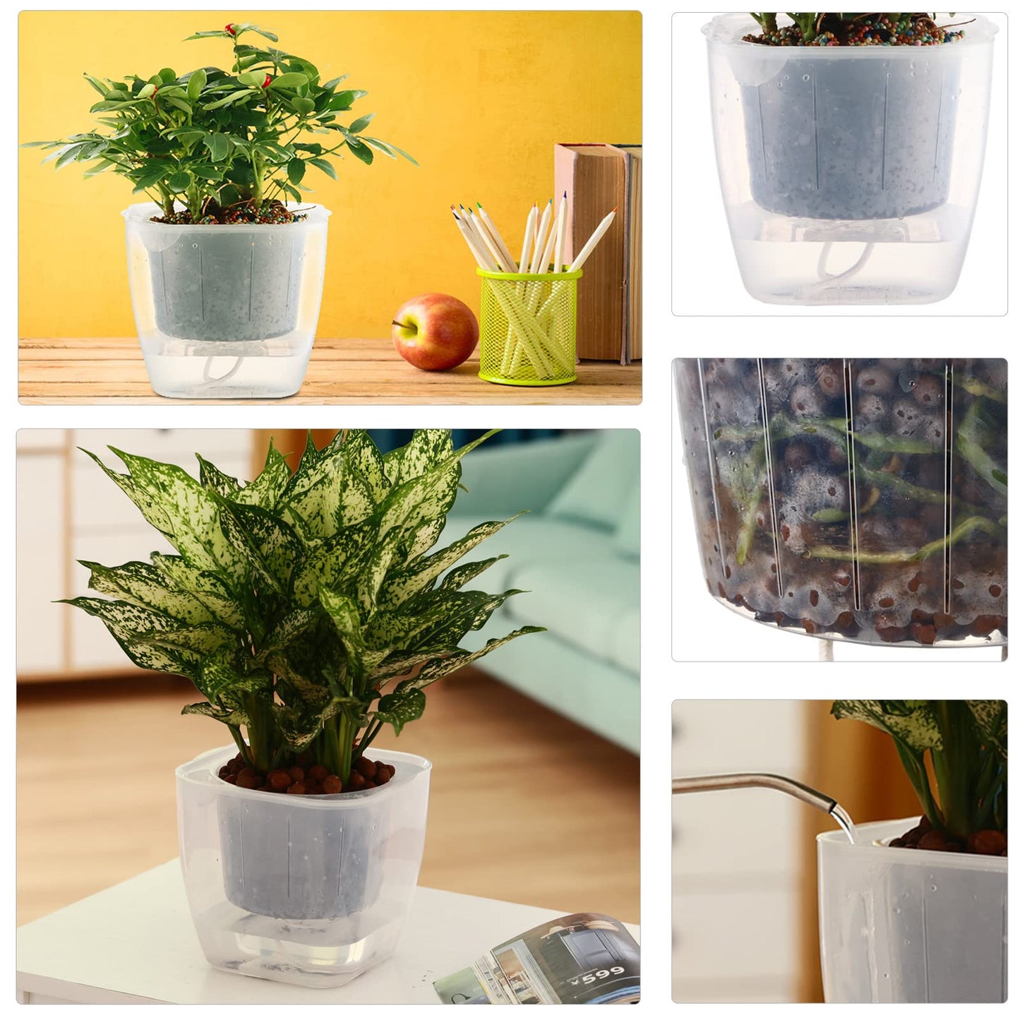 3-Pack Clear Self Watering Planters for Indoor Plants 7" Large African Violet Plant Pots Plastic Wick Flower Pots with Water Injection Hole, Orchid Plant Pot Set, Clear