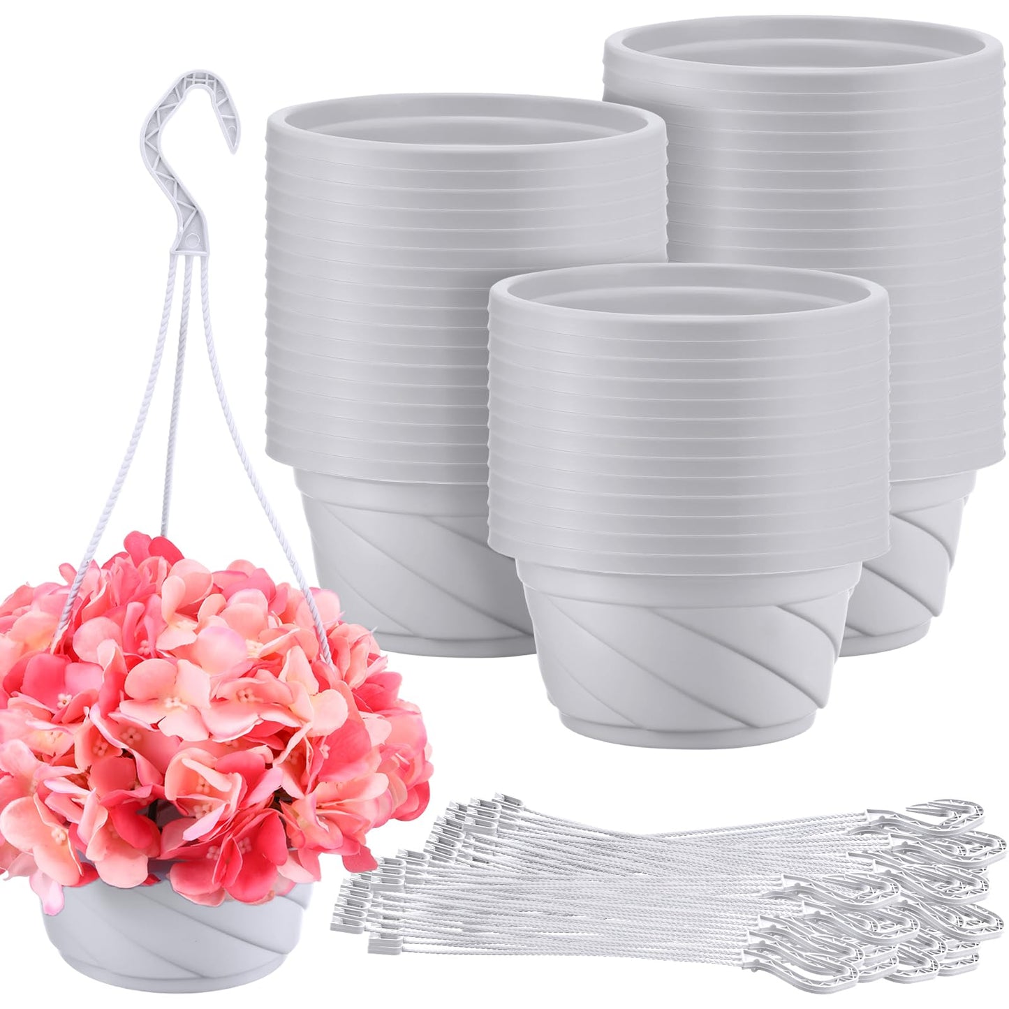 Tioncy 50 Pcs Plastic Hanging Planter Round Hanging Pot for Plants Containers with Hook Flower Plant Pots Holders for Outdoor Indoor Plant Balcony Garden Decor(Gray White)