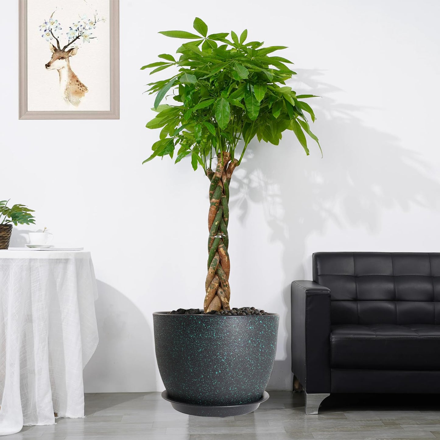 UOUZ 12inch Large Plant Pot, Modern Plastic Planter with High Driange Holes and Saucer for Indoor Outdoor Garden Plants and Flowers, Black with Green Speckles