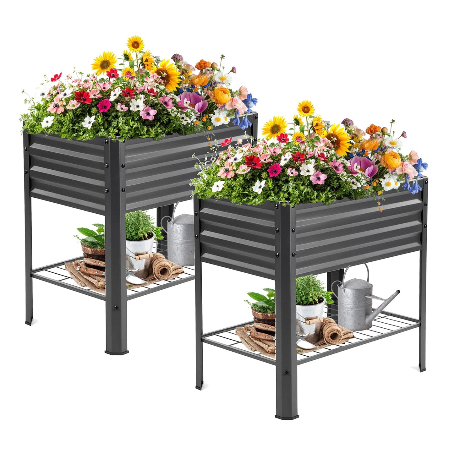 Veezyo Raised Garden Bed with Legs and Shelf, 2pcs 32"x20"x31.5" Elevated Metal Planter with Legs for Outdoor Vegetables and Herbs, Standing Raised Beds for Balcony, Patio, Lawn and Backyard