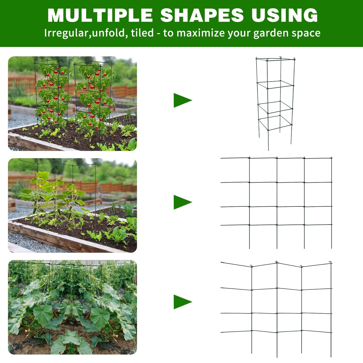 LAKNUAL 6 Packs Tomato Cages for Garden, 12"×12"×39" Plant Support Cage with Different Spacing, Green Metal Trellis for Climbing Plants Like Cucumber, Flowers