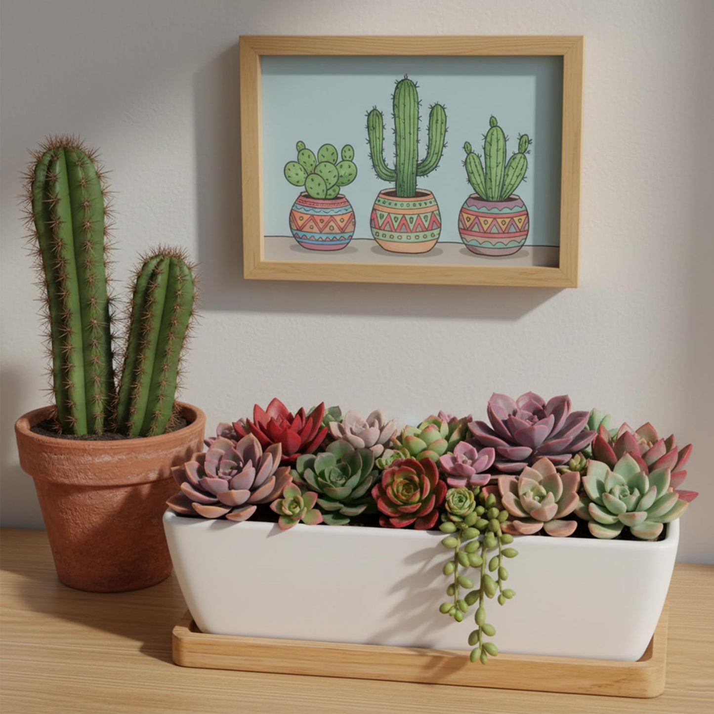 ARVINKEY White Ceramic Succulent Planters, Indoor and Outdoor Succulent Planters, Set of 2 Cactus Containers, Bonsai Pots, Flower Pots with Drainage Hole and Bamboo Bowl (No Plant)