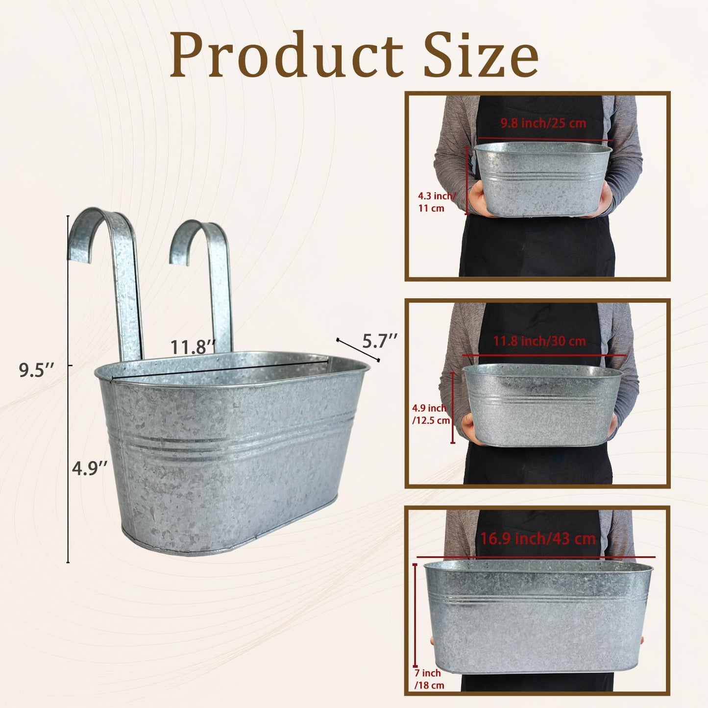 Joyfernal Balcony Galvanized Hanging Planters Railing Flower Pots, Outdoor Metal Fence Planter Pot with Detachable Hooks Drain Hole for Garden Patio Yard Decor (12 Inch, 2Pcs)