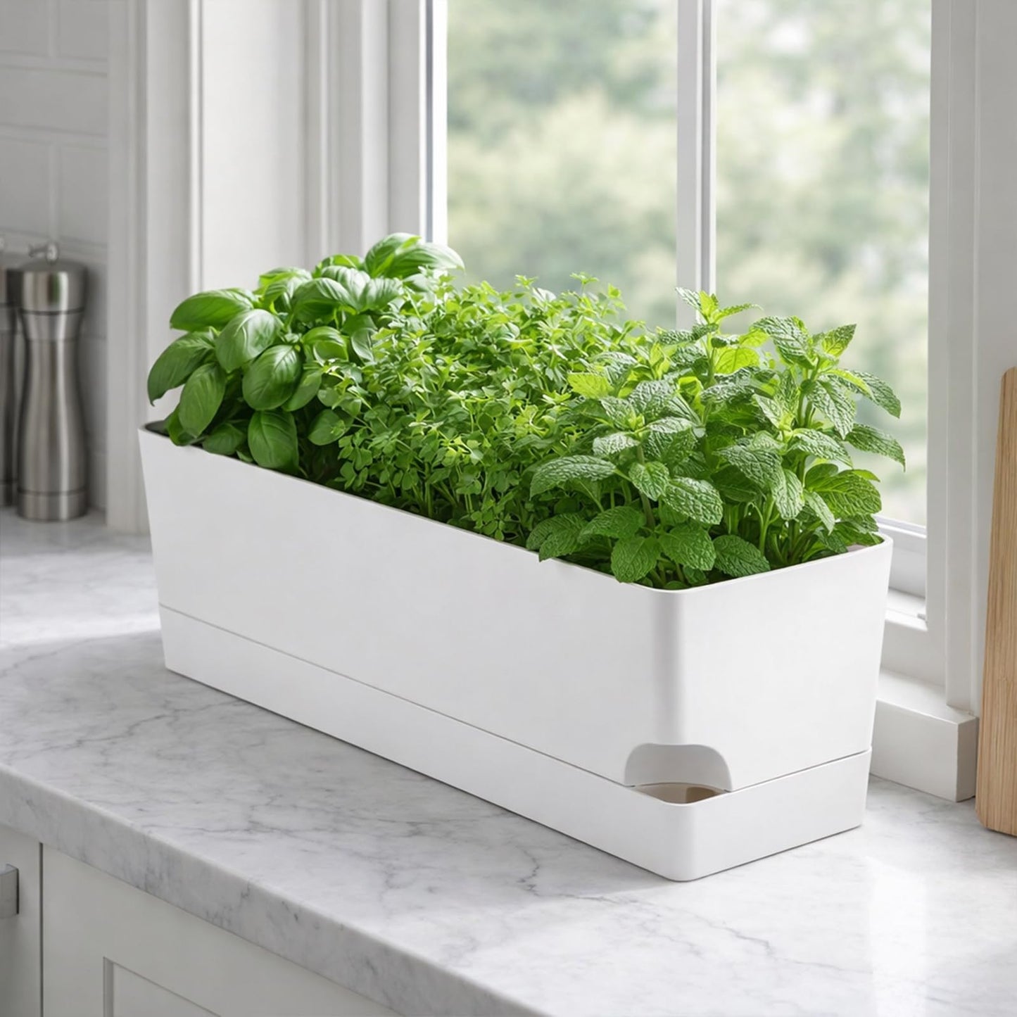Party Zealot Window Boxes Planters, 5 Pack Self Watering Pots for Indoor Plants 17 Inch Rectangular Planter Rectangle Flower Pots Long Plant Pot Large Window Sill Herb Planter Box, White