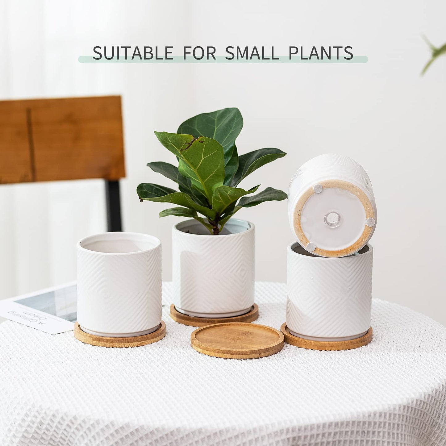 4 Inch Ceramic Planter with Drainage Hole and Saucer, Geometry Design Succulent Plant Pots, Flower Pot for Indoor & Outdoor Snake Plant Succulent Cactus & Herbs, Set of 4 (Plants Not Included )