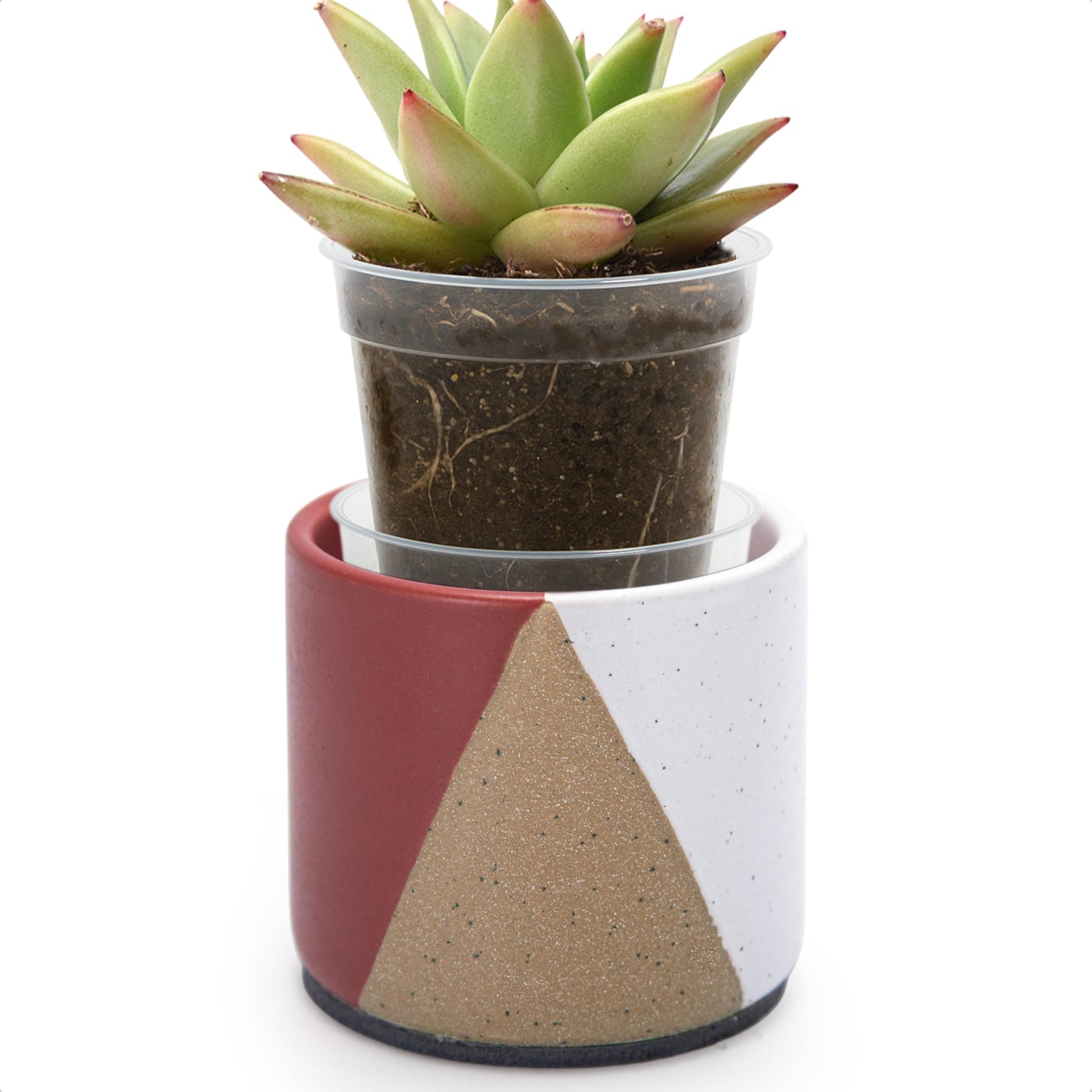 D'vine Dev 3.5" Stoneware Cachepot Planter with 3" Clear Nursery Pot & Detachable Saucer – Modern Indoor Plant Pot with Drainage for Bottom Watering & Root Visibility, Crimson Dune, 93-O-A-4