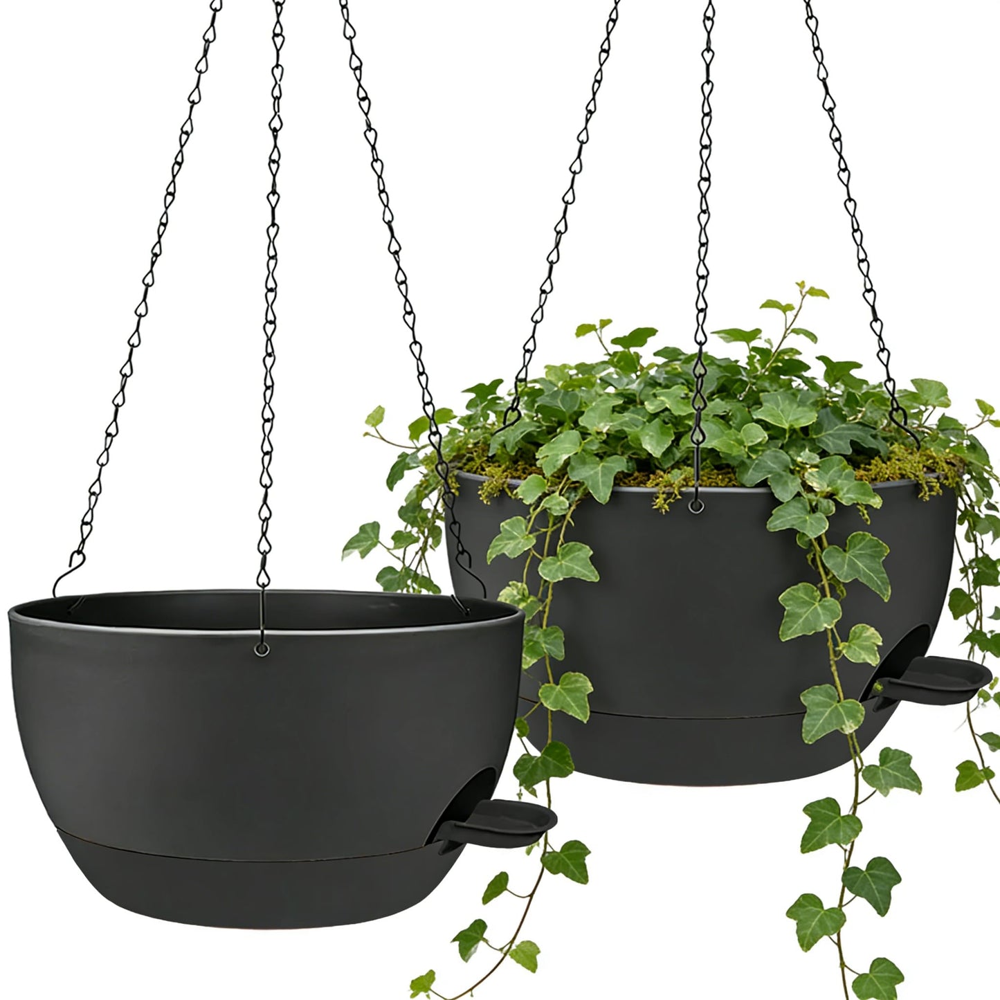zople 2 Pack 10 Inch Self Watering Hanging Planters for Indoor Plants, Large Black Plastic Hanging Pots with Chains for Outdoor Patio Garden Home Decor (Black)