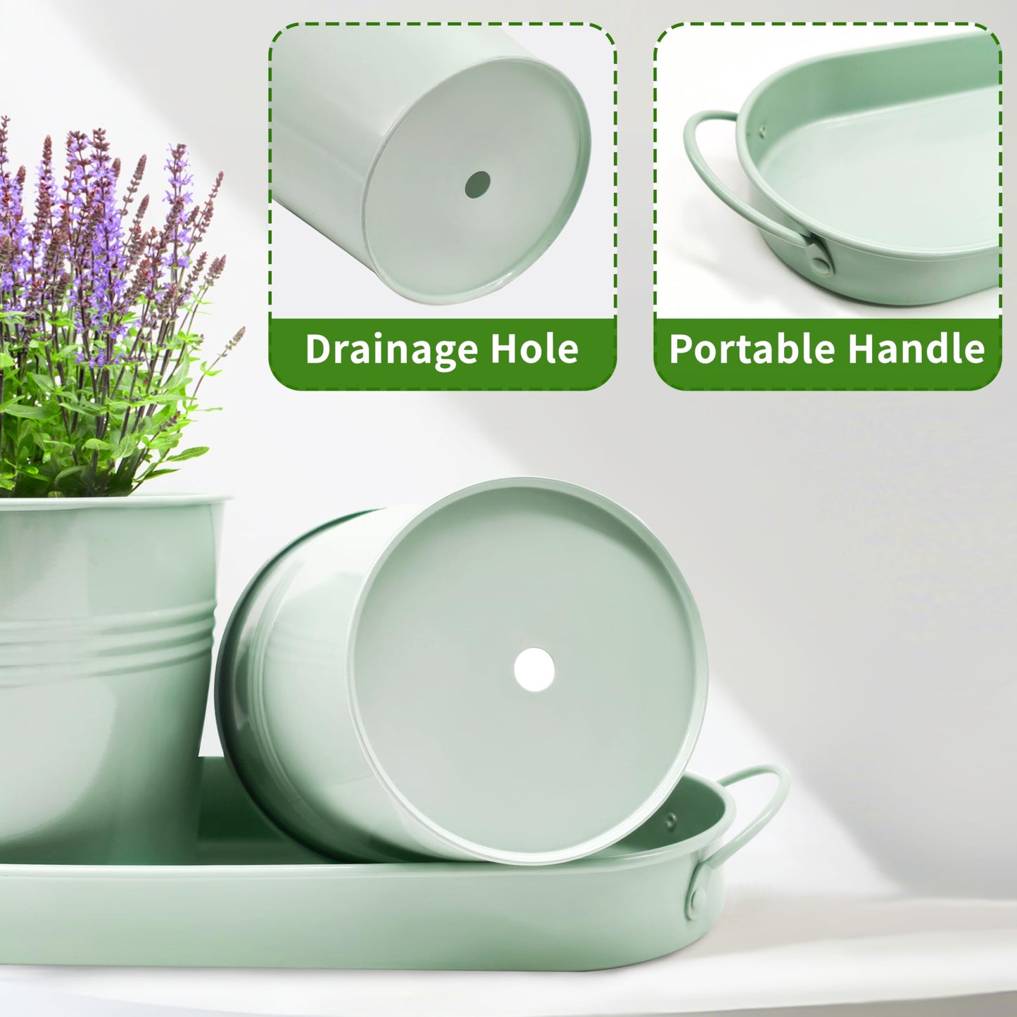 SORANGEUN Metal Herb Garden Planter Set with Tray, 3-Pack Green Zinc-Coated Windowsill Plant Pots with Drainage Holes & Handles for Indoor Outdoor Kitchen Garden