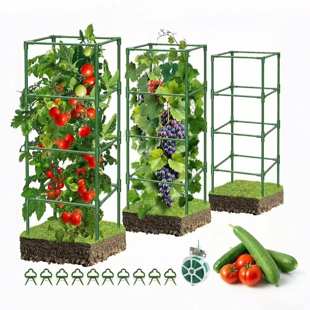 SHCCPPJ 3 Pack Tomato Cages, 42 Inch Heavy Duty Square Tomato Cage for Raised Garden Bed, Rust-Proof Sturdy Tall Tomato Trellis Supports for Climbing Plants Outdoor with Clips Wire