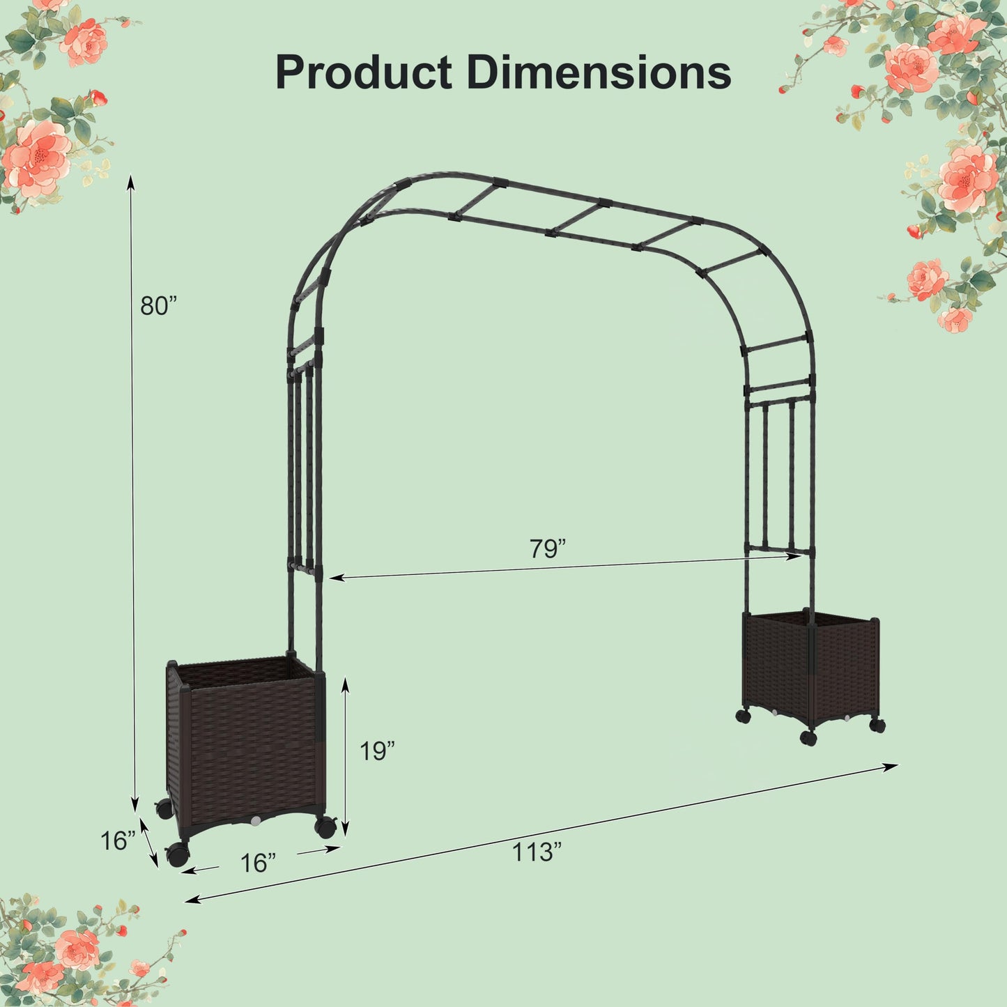 Giantex 6.6 FT Garden Arbor with Planter Boxes, Arch Trellis for Climbing Plants, Self-Watering System, Drainage Design, Lockable Wheels, Outdoor Metal Archway for Backyard, Patio, Wedding Decor