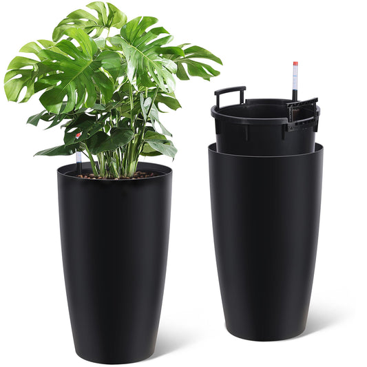 GarveeLife Set of 2 Tall Planters for Outdoor Plants, 22 in Large Planters for Outdoor Indoor Plants with Water Level Monitor ＆ Inner Bucket, Automatic Watering, for Porch, Patio, Backyard, Black