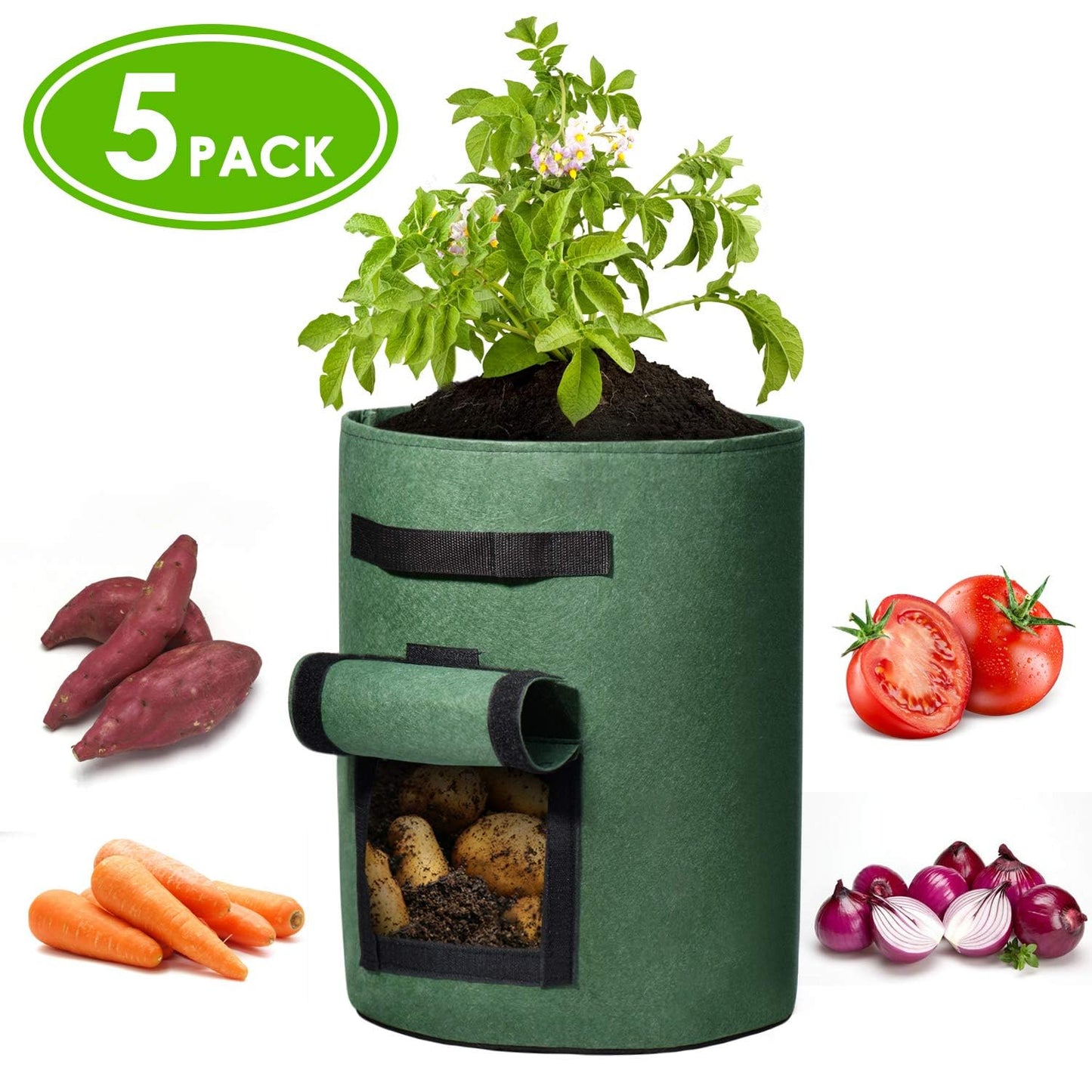 Delxo 5 Pack 7 Gallon Potato Growing Bags, Planter Garden Grow Bags with Flap, Double Layer Breathable Nonwoven Cloth for Planting,Vegetable,Tomato,Aeration Fabric Pots with Handles Green