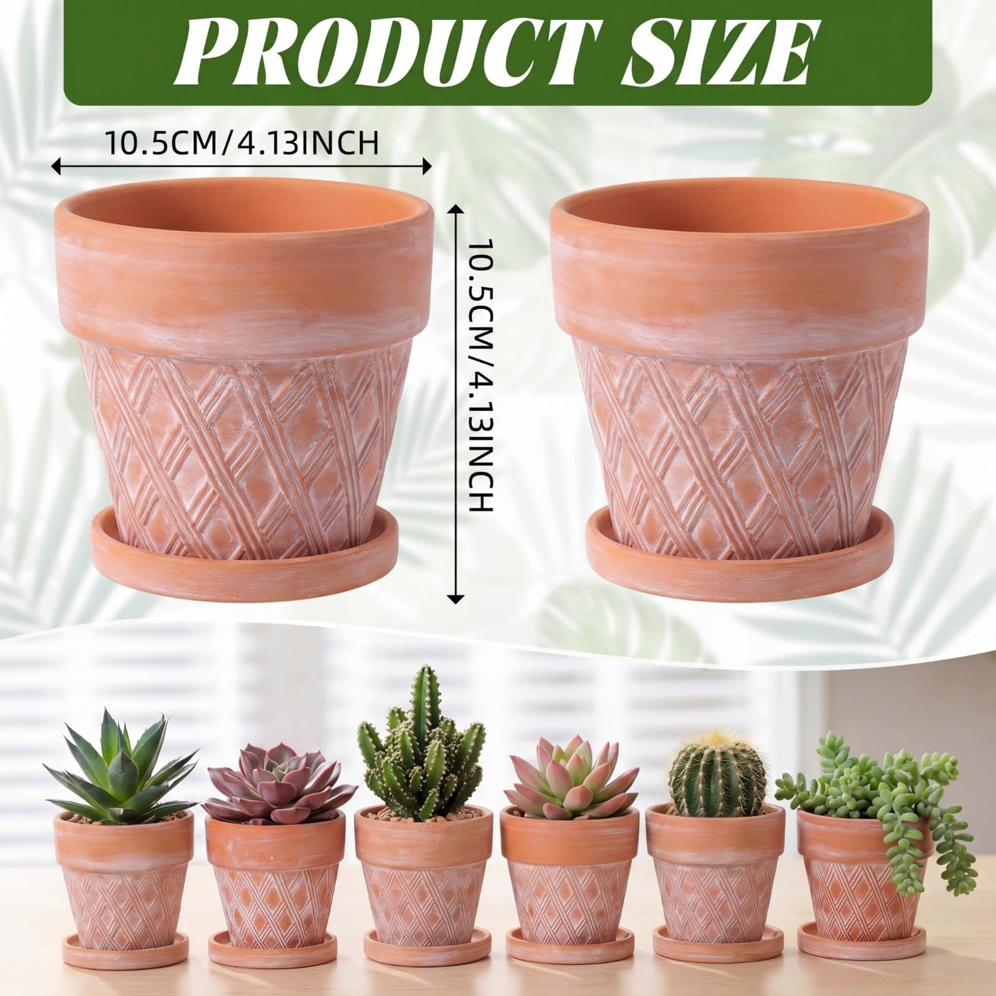 Maxdot Set of 6 Embossed Succulent Pots 4" Small Terracotta Pots with Drainage Hole and Saucer Rustic Clay Succulent Planter Pot Decorative Ceramic Cactu Flower Pot for Indoor Outdoor(Lattice Style)