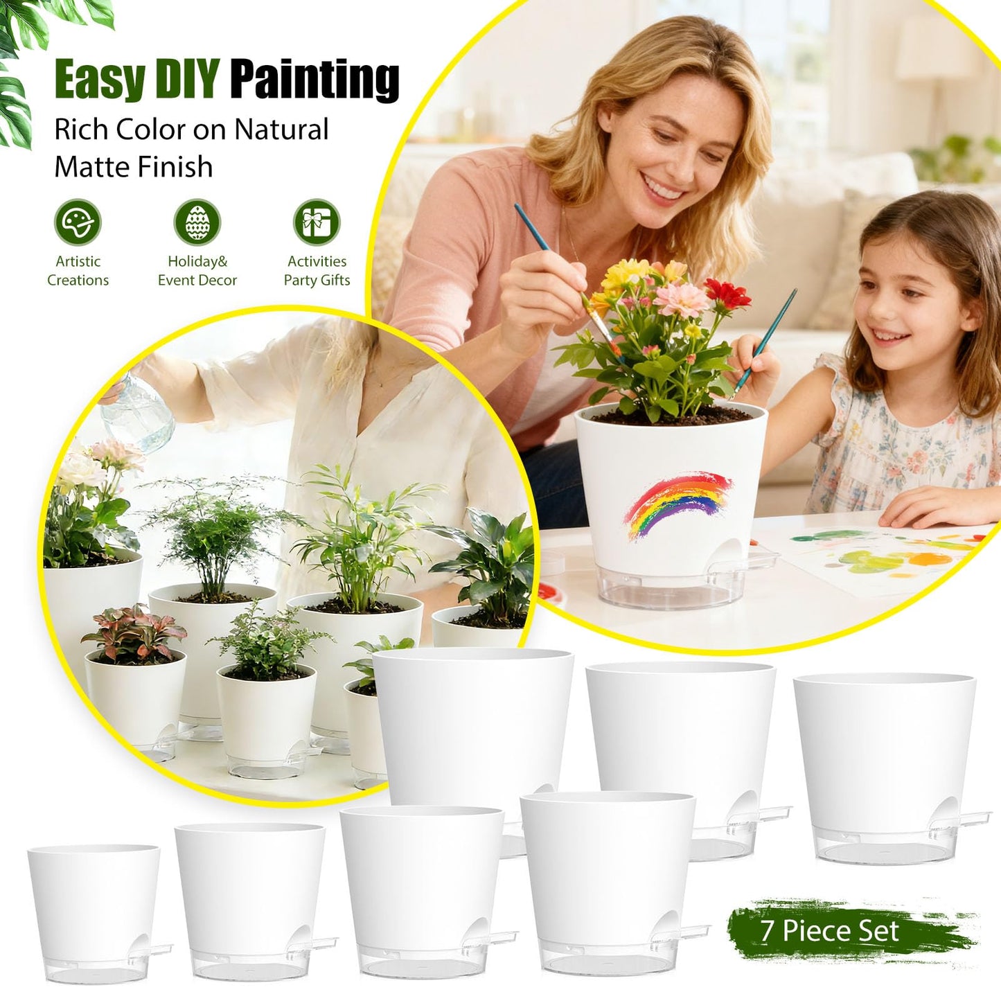 SQKH Plant Pots 4/5/5.5/6/6.5/7/8 Inch Self Watering Pots, 7 Pack Plastic Planters with Drainage Holes and Clear Saucers,Plastic Flower Pots,Nursery Planting Pot for Indoor Out Door Plants(White)